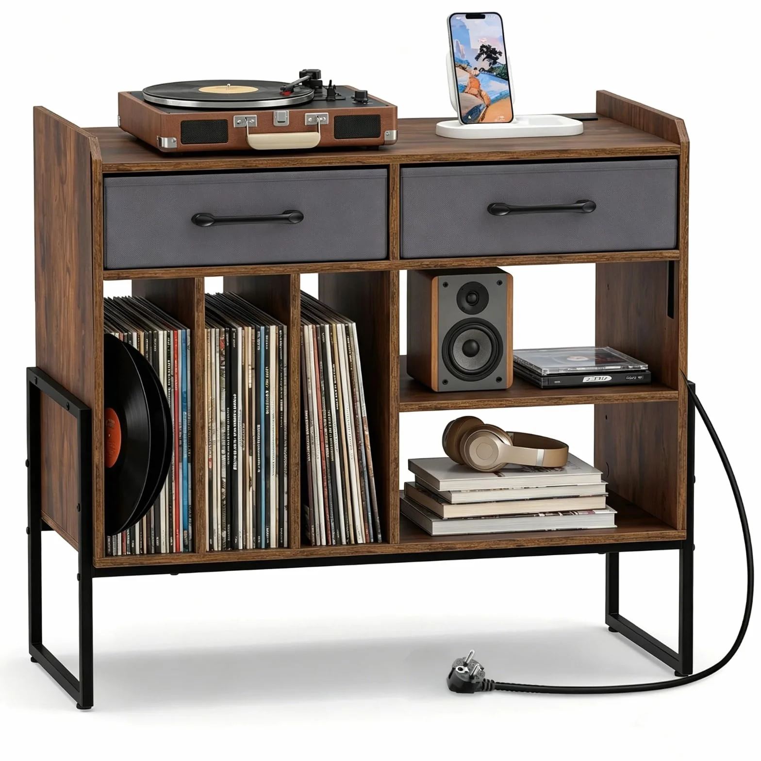 KOMFOTTEU Mueble para Tocadiscos con Estación de Carga, Soporte para Tocadiscos con 2 Cajones y Estantes Abiertos para Vinilos, Mesa Auxiliar para Álbumes, CD, para Oficina, Salón, 76 x 36 x 69 cm