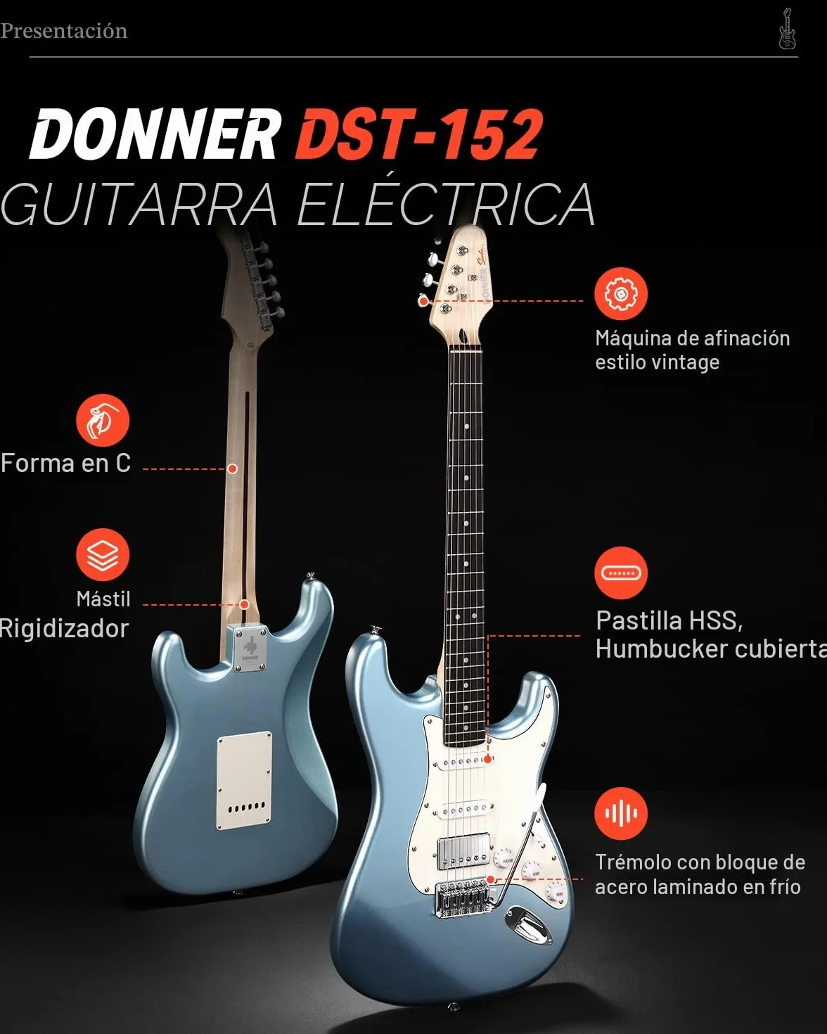 Donner Guitarra Electrica, DST-152R Kit Guitarra Electrica de Tamaño Completo HSS Pickup Coil Split, Guitarras Electricas Set Adultos con Amplificador, Bolsa, Accesorios
