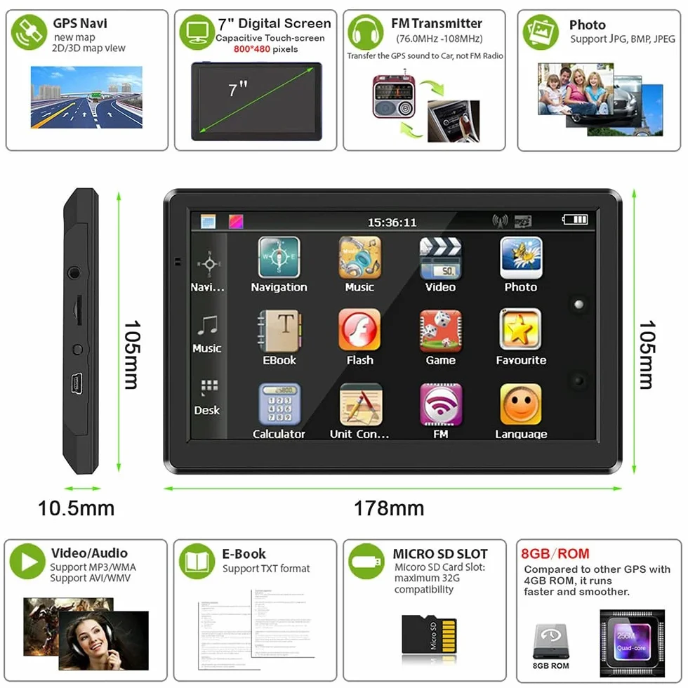 7 Pulgadas GPS Coche,Navegador GPS Coche,GPS Camiones Profesional,Actualizaciones de Mapas de Europa para Toda la Vida,para Camiones y Coches