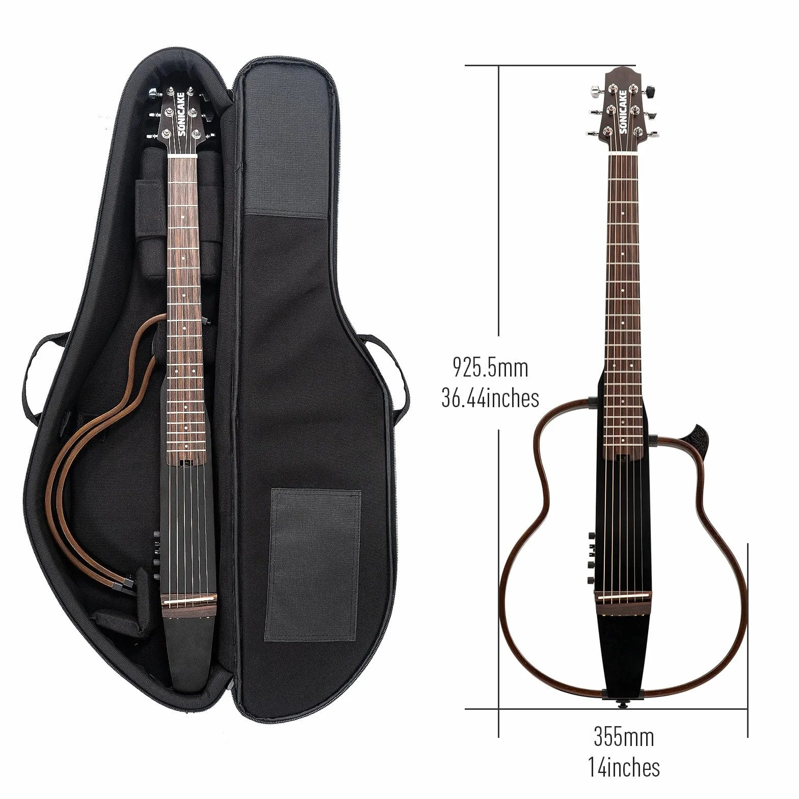 SONICAKE Guitarra Acústica-Eléctrica Portátil Cuerpo de Caoba Maciza, Marcos Fáciles de Montar, Preamplificador Sim de Múltiples Formas de Cuerpo, Funda y Accesorios QGT-01