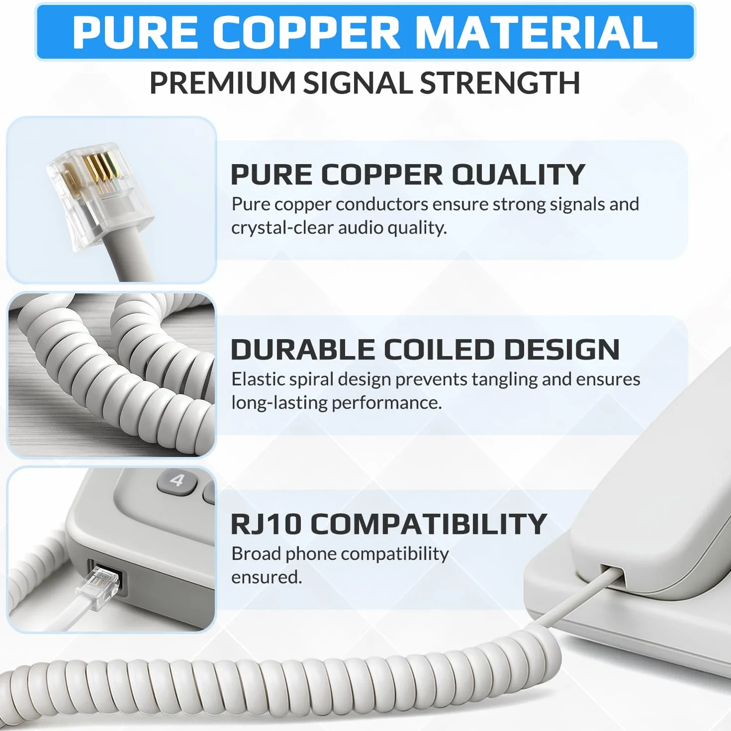 Keple Cable Telefónico RJ10 Espiral 2m Blanco Compatible Cisco NEC ROLM ITT TI