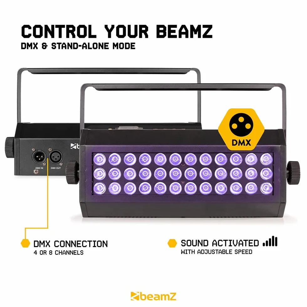 BeamZ Flood 36UV Luz LED Negra con 36 leds de 3W ultravioleta, Juego de Luces, DMX, XLR, Control de Sonido, Pantalla LED, Función Estroboscópica, Ideal para Fiestas Temáticas, discoteca, eventos