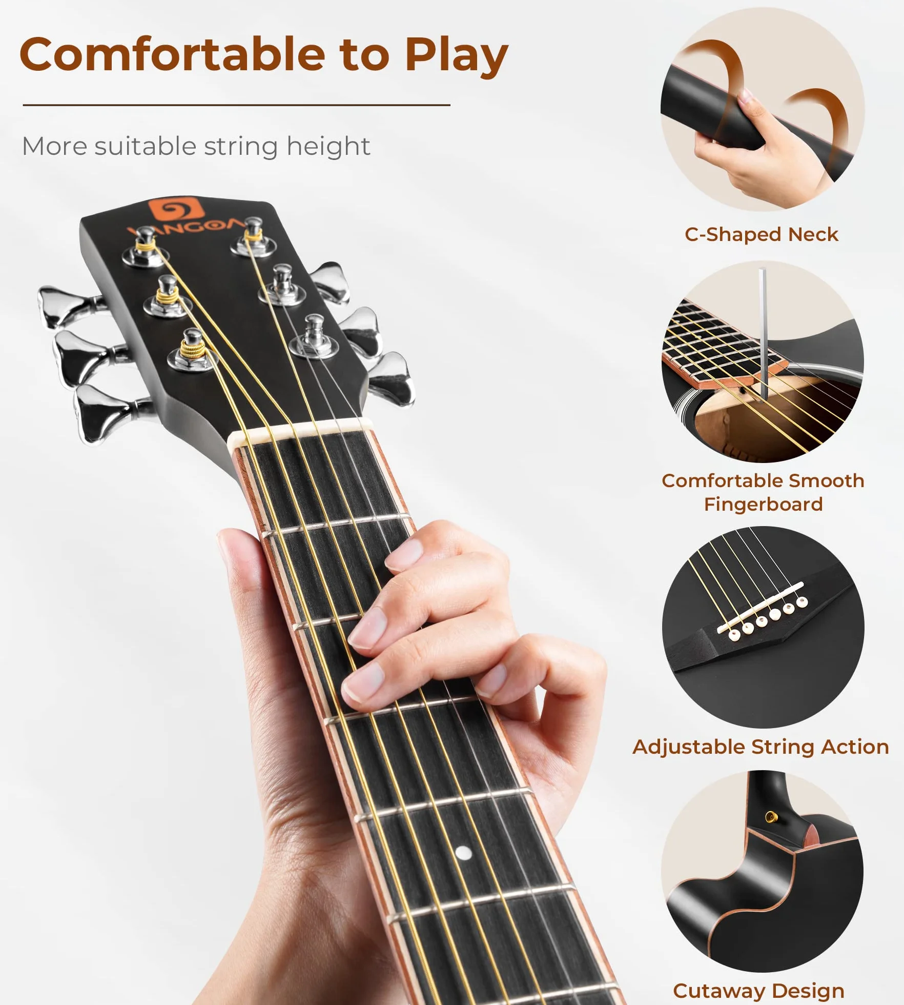 Vangoa 4/4 Guitarra Acústica Corte Tamaño Completo Set Dreadnought 41 pulgadas Folk Acoustic Guitar Kits para Principiante Estudiante Adulto, Negro
