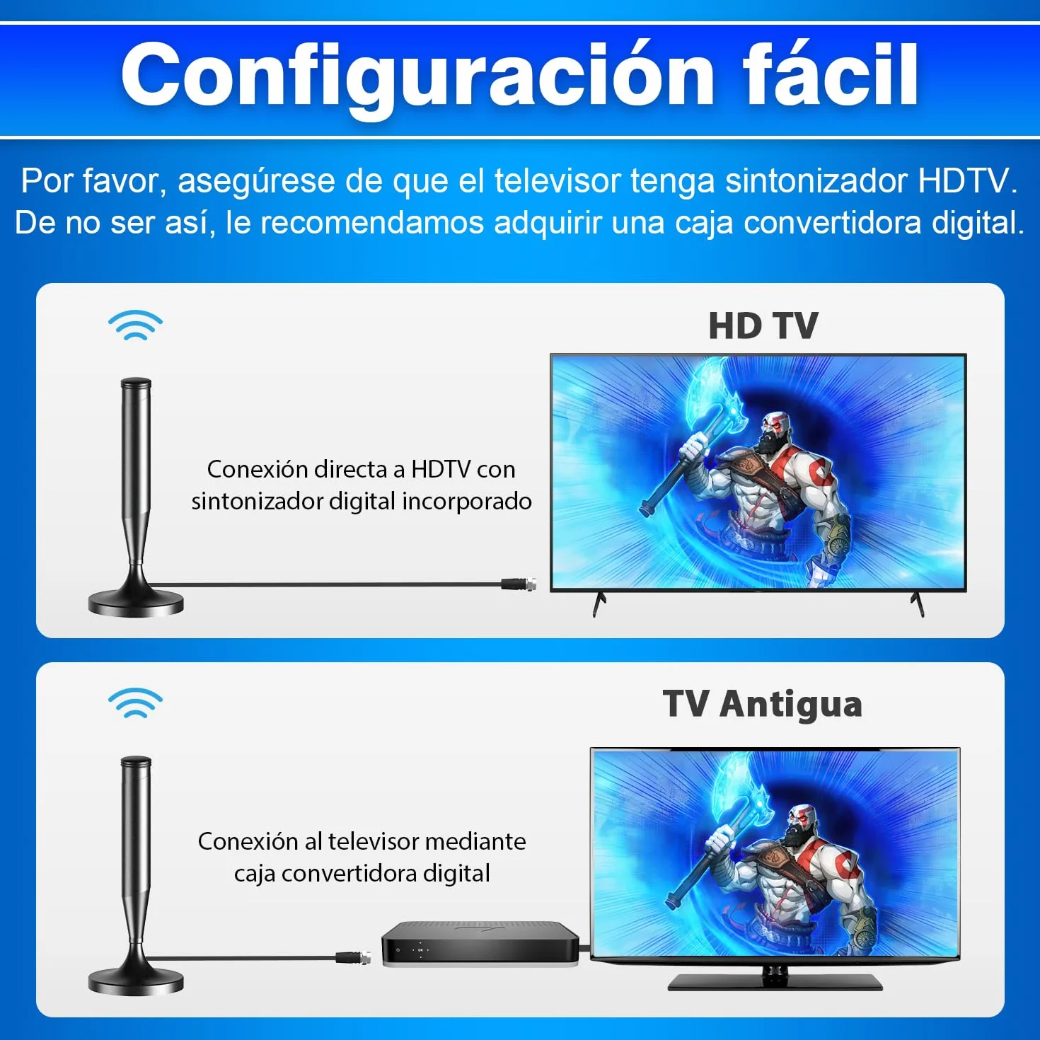 Antena TV Interior Potente para Smart TV TDT HD 4K/1080P Recepción 360° Base Magnética Fuerte Cable Coaxial 5 m Compatible DVB-T2/DVB-T