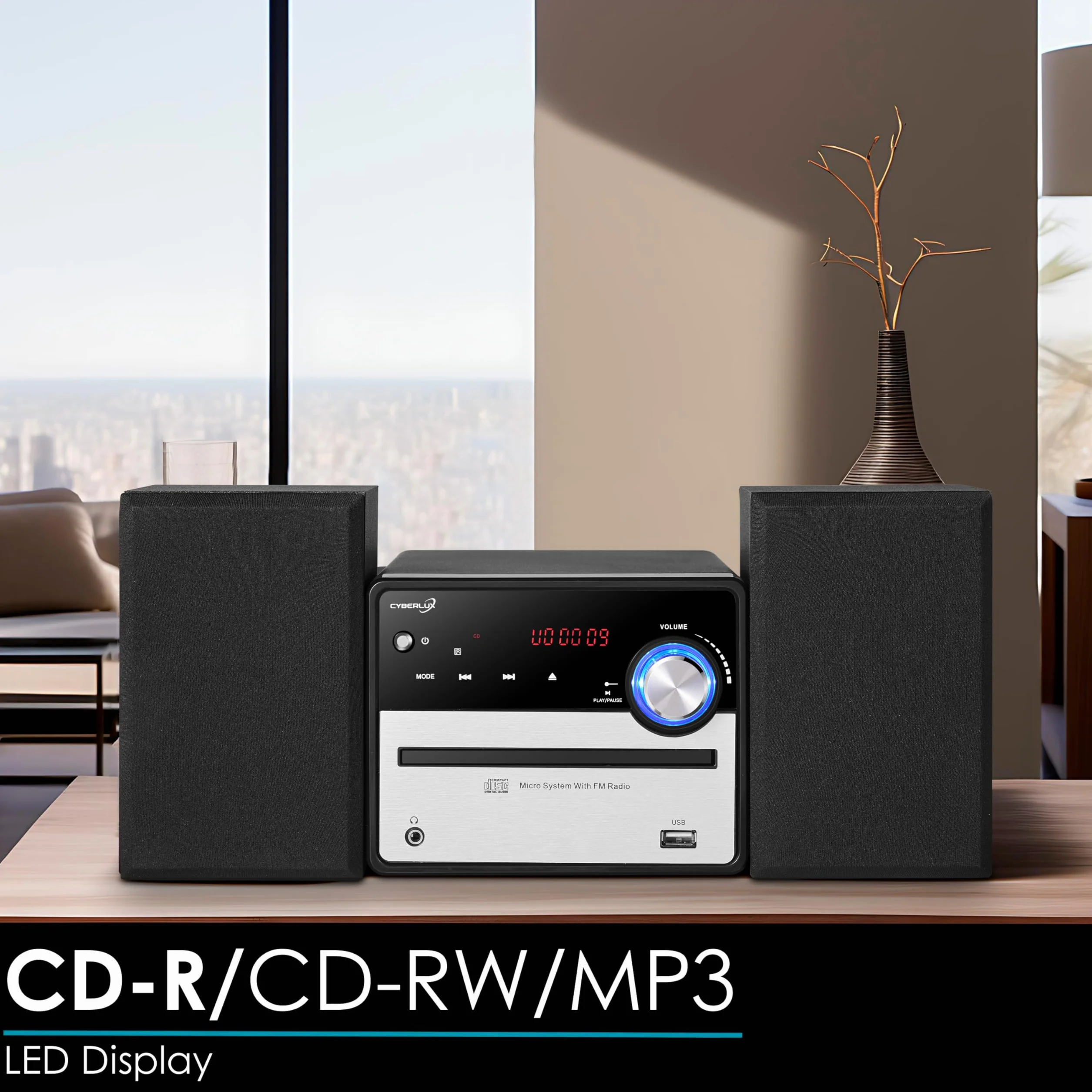 Sistema de música retro Hi-Fi, estéreo, compacto, USB, salida de línea, CD/MP3, radio FM, 30 plazas de memoria, pantalla LED, mini HiFi, estéreo con cajas