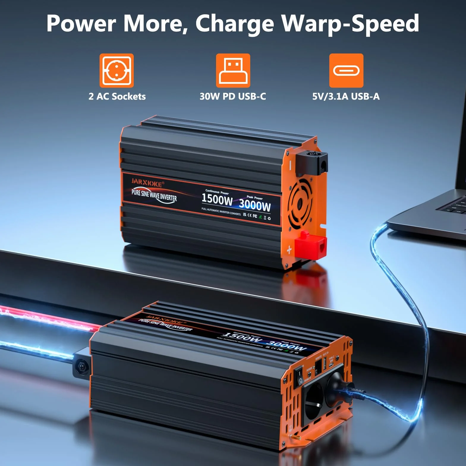 Inversor 12V 220V-230V Onda Pura 1500w Convertidor DC AC Transformador de Voltaje con Mando a Distancia & 2 Tomas de AC & Puerto USB para Coche Camion RV