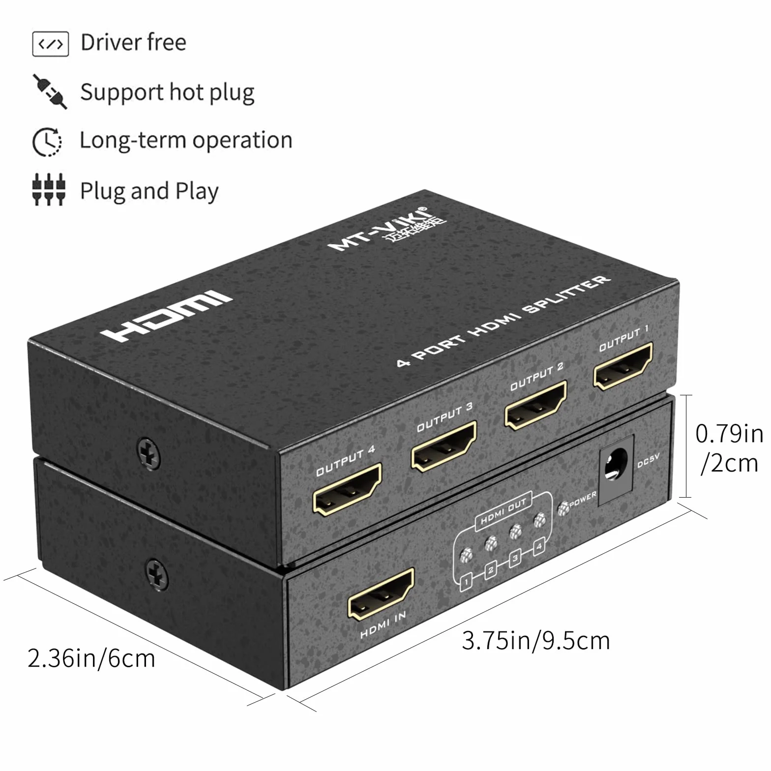 Divisor HDMI 1 en 4 Salidas 1x4 Puertos 4Kx2K @30Hz 3D Full HD 1080P, MT-ViKI SP104 Distribuidor para PS4 PS3 Fire Stick TV HDTV DVD Monitor de computadora