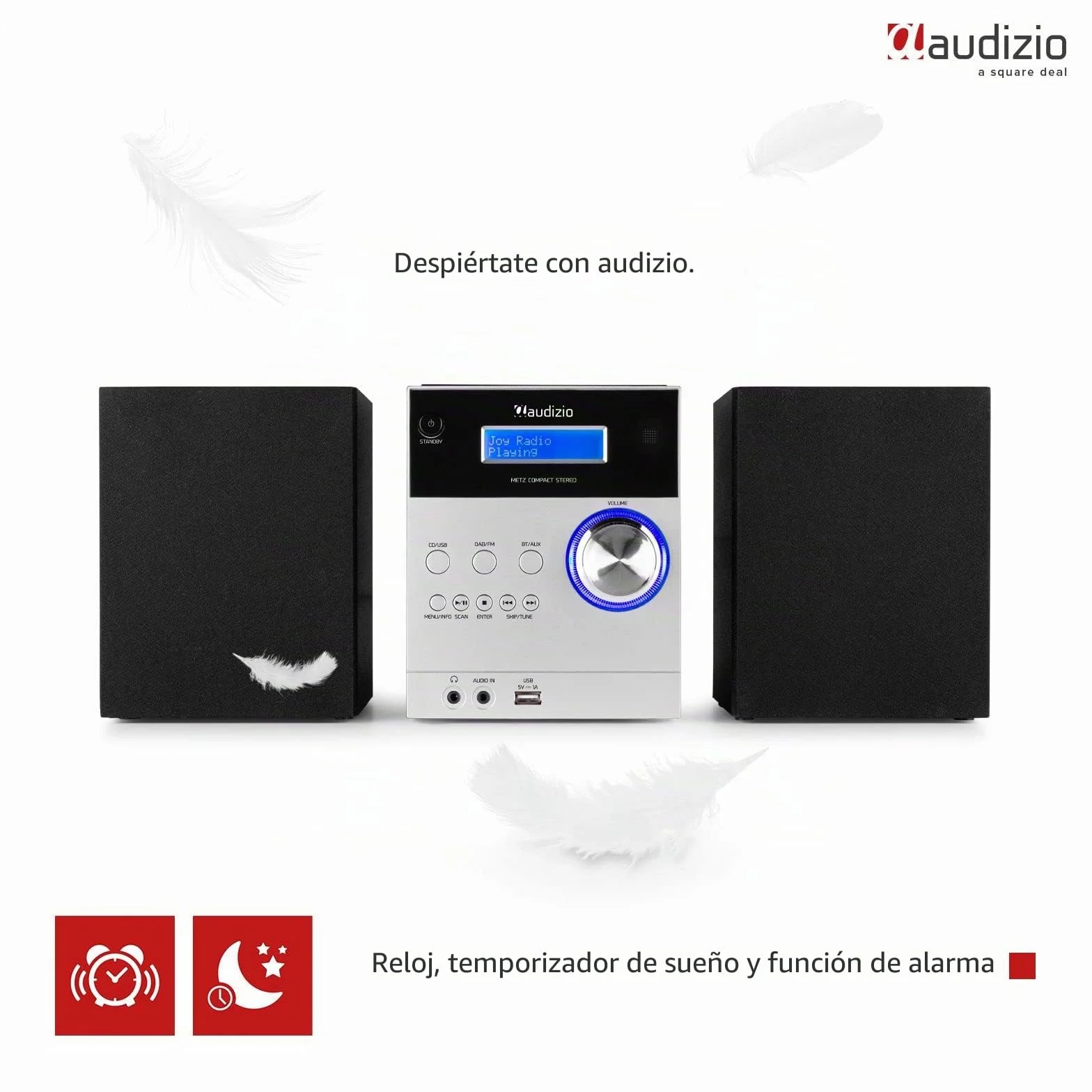Audizio Metz Equipo de música HiFi con Altavoces, Minicadena con Radio Dab+, Bluetooth, Reproductor de CD, Entrada USB, Entrada Auxiliar, Incluye Mando a Distancia, Mini Cadena Color Aluminio