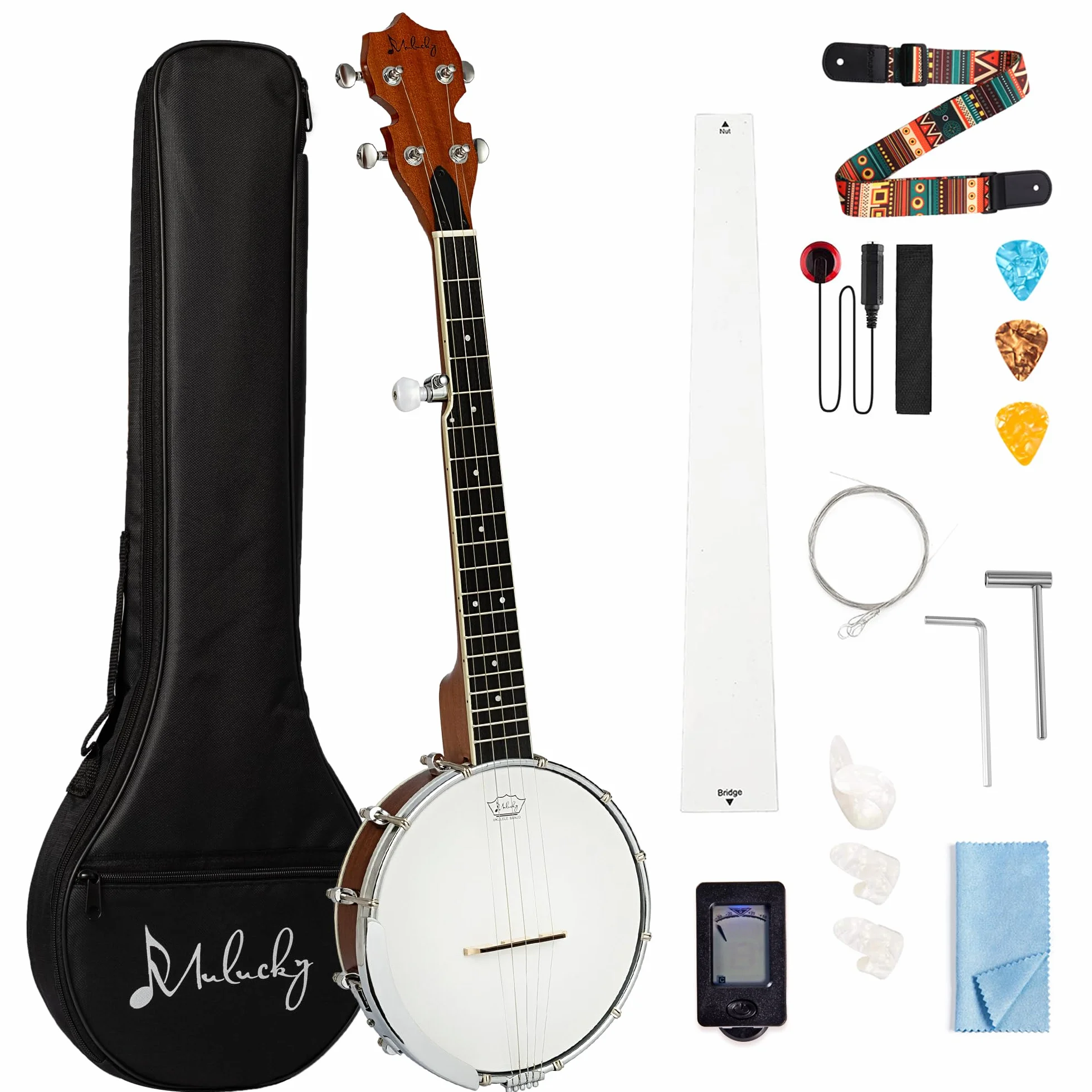 Banjo Mini de 5 cuerdas - Mulucky 66 cm Banjo de viaje con cuerpo de sapeli, parte trasera cerrada sólida, kit para principiantes con funda, púas, cuerdas, correa - B806