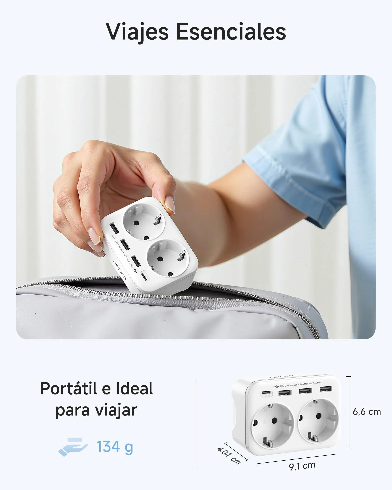 LENCENT Adaptador Enchufe USA/EE.UU, Adaptador Americano de Viaje con 3 Puertos USB y 1 Puerto USB-C, Europa Español 2-Pin a 3-Pin EEUU para México, Canada, Tailandia, Perú, Colombia, Tipo B Blanco