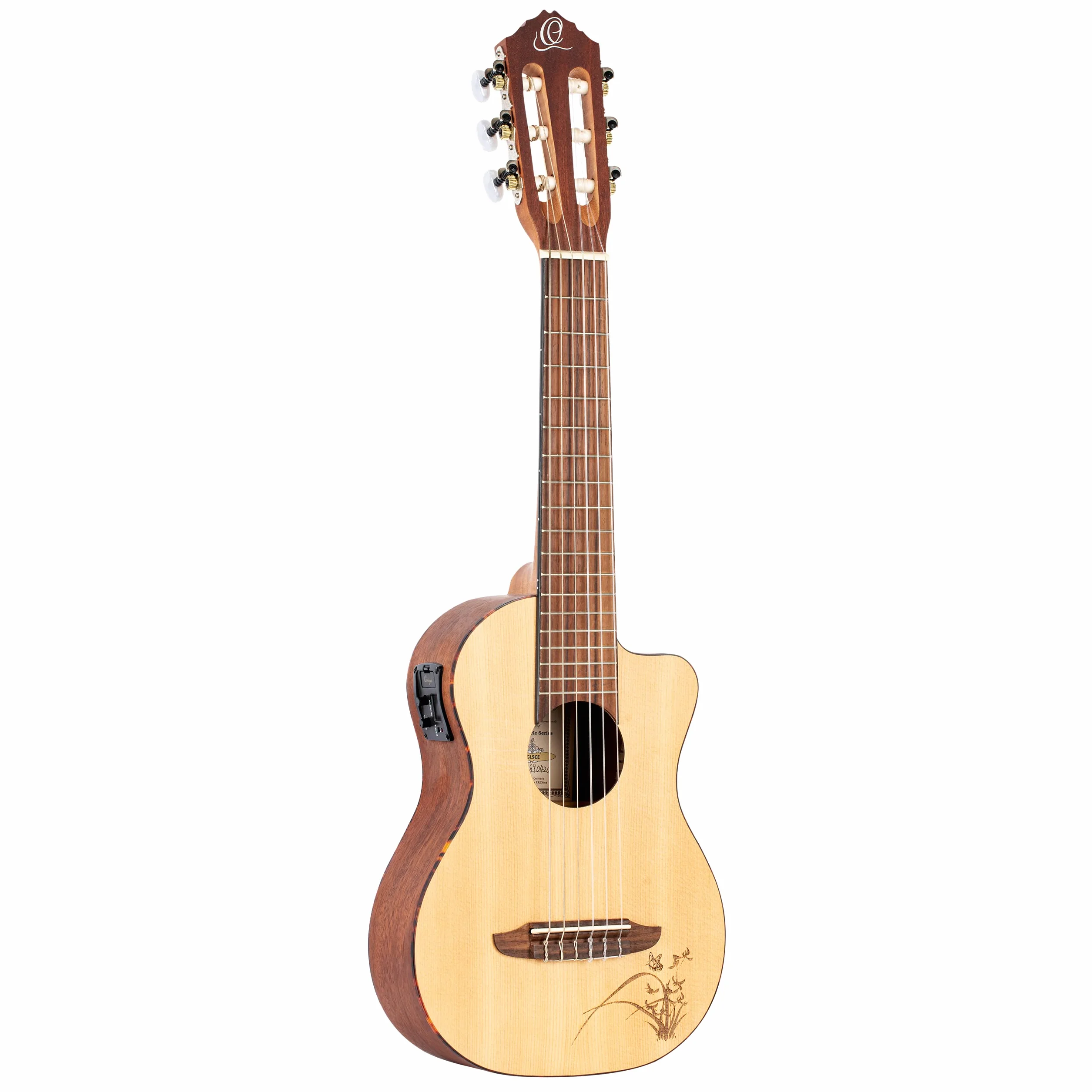 Ortega Guitars Travel Guitar electroacústica - Mini/Travel Series - Guitarlele 6 cuerdas - tapa de abeto grabado a laser (RGL5CE)