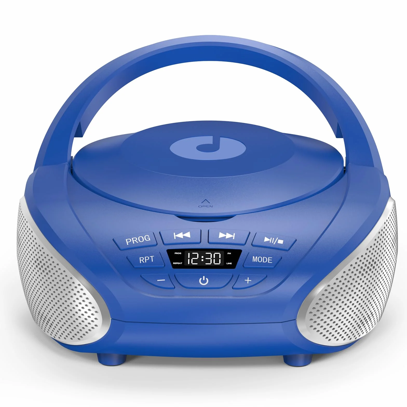 Gueray Reproductor CD Portátil Boombox Radio FM Estéreo con Altavoces Entrada AUX 3.5 mm Pantalla LCD Azul Plata