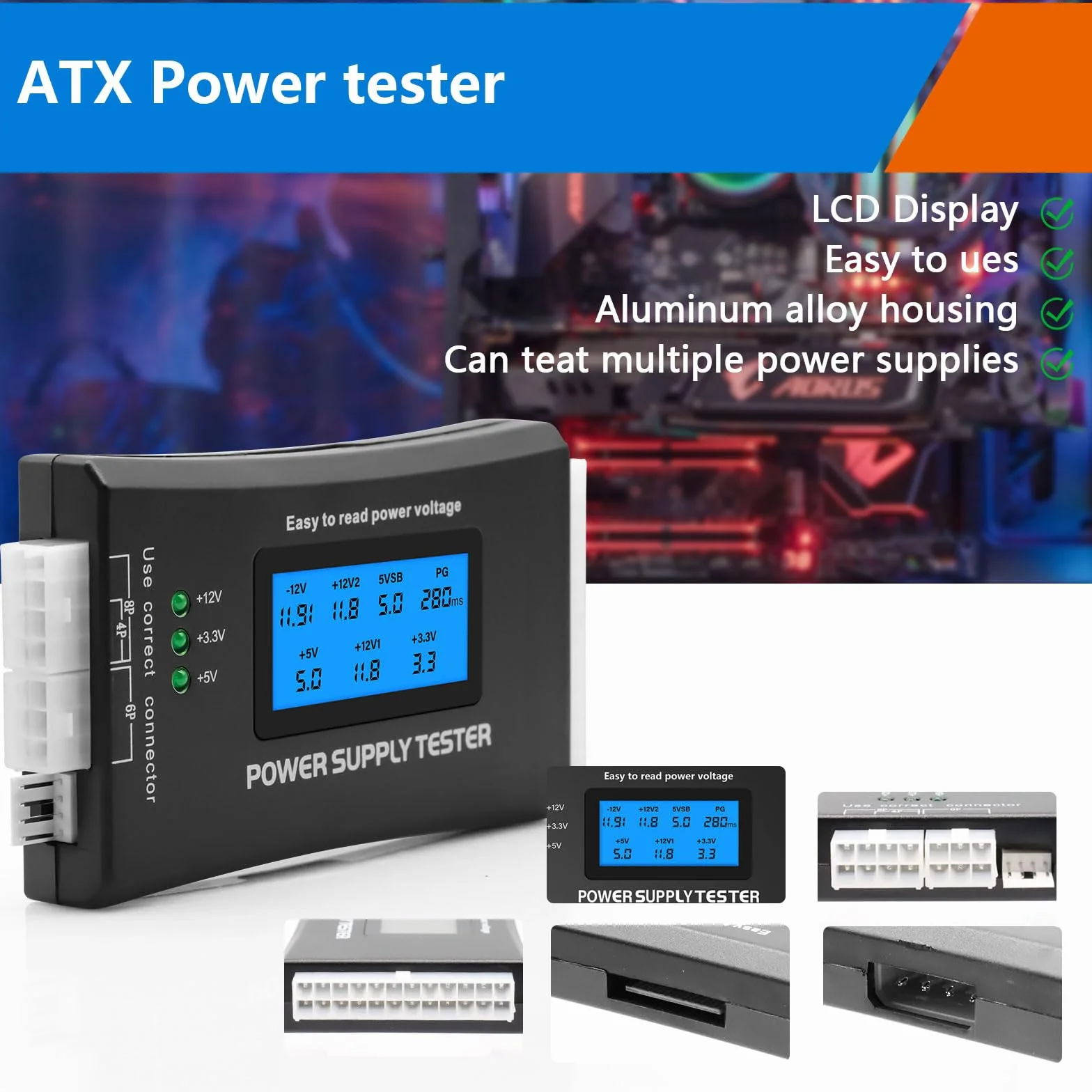 Probador de Fuente de Alimentación para PC, QIQIAZI Tester ATX con Pantalla LCD de 1,8", Compatible con ATX/ITX/IDE/HDD/SATA/BYI, Probador Digital con Alarma de Error y Luz LED