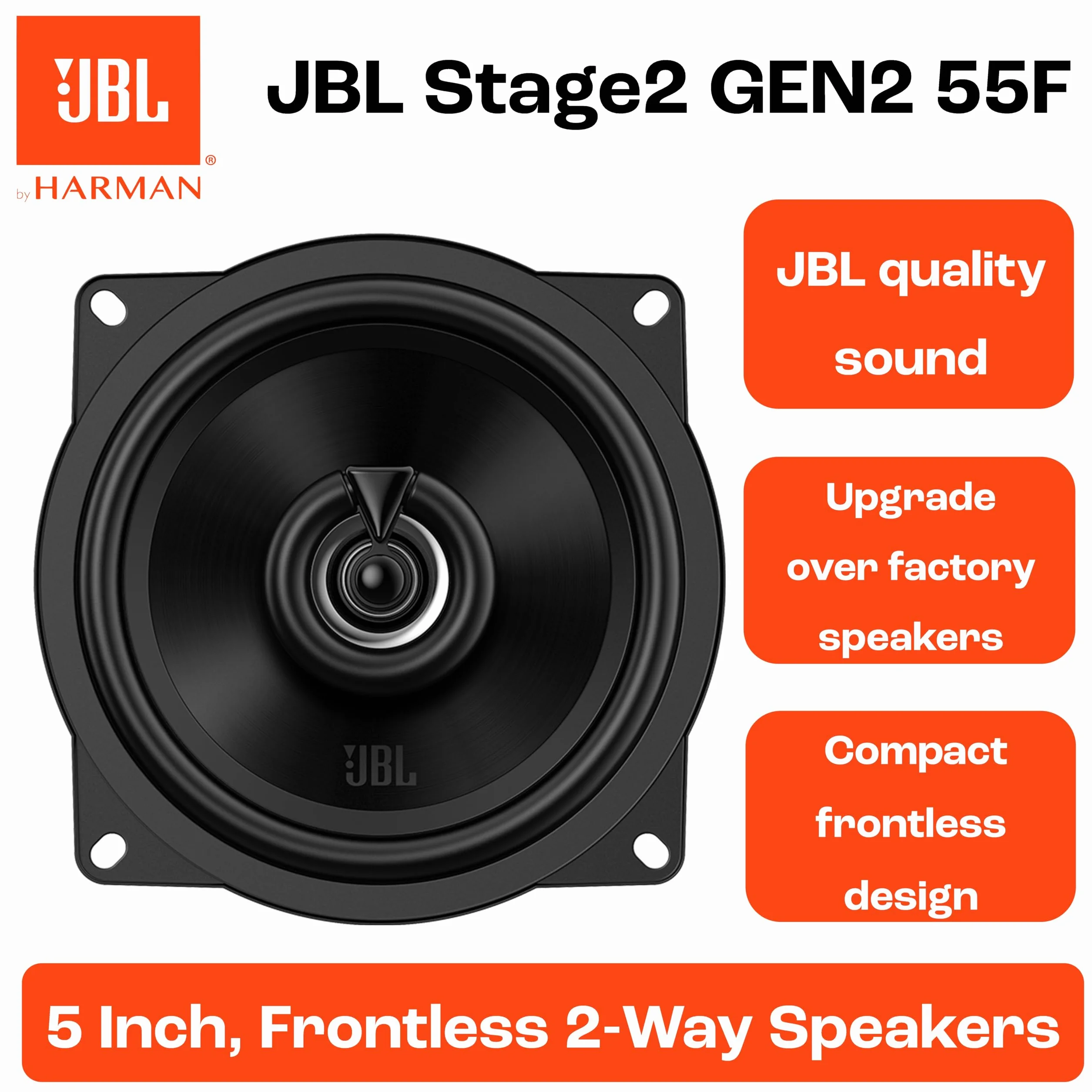 JBL Stage2 55F Gen2 Altavoces coaxiales 2 vías 5,25 Pulgadas 50 W RMS, 400 W Pico, 4 Ω, 89 dB, woofer Polipropileno Plus One™, Tweeter Pei, diseño Compacto, Sonido Claro