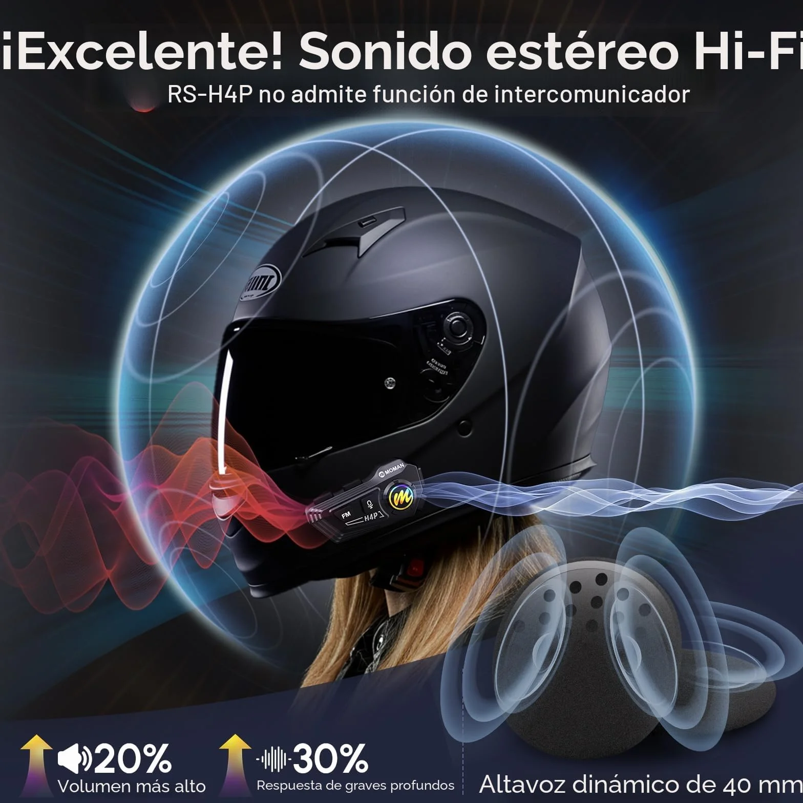 Moman Auriculares Casco Moto - Asistente de Voz, RS-H4P Manos Libres Auriculares Inalámbricos HiFi Estéreo Dual Reducción de Ruido Batería 1000mAh/RGB/Radio FM/Botón Apto para Guantes