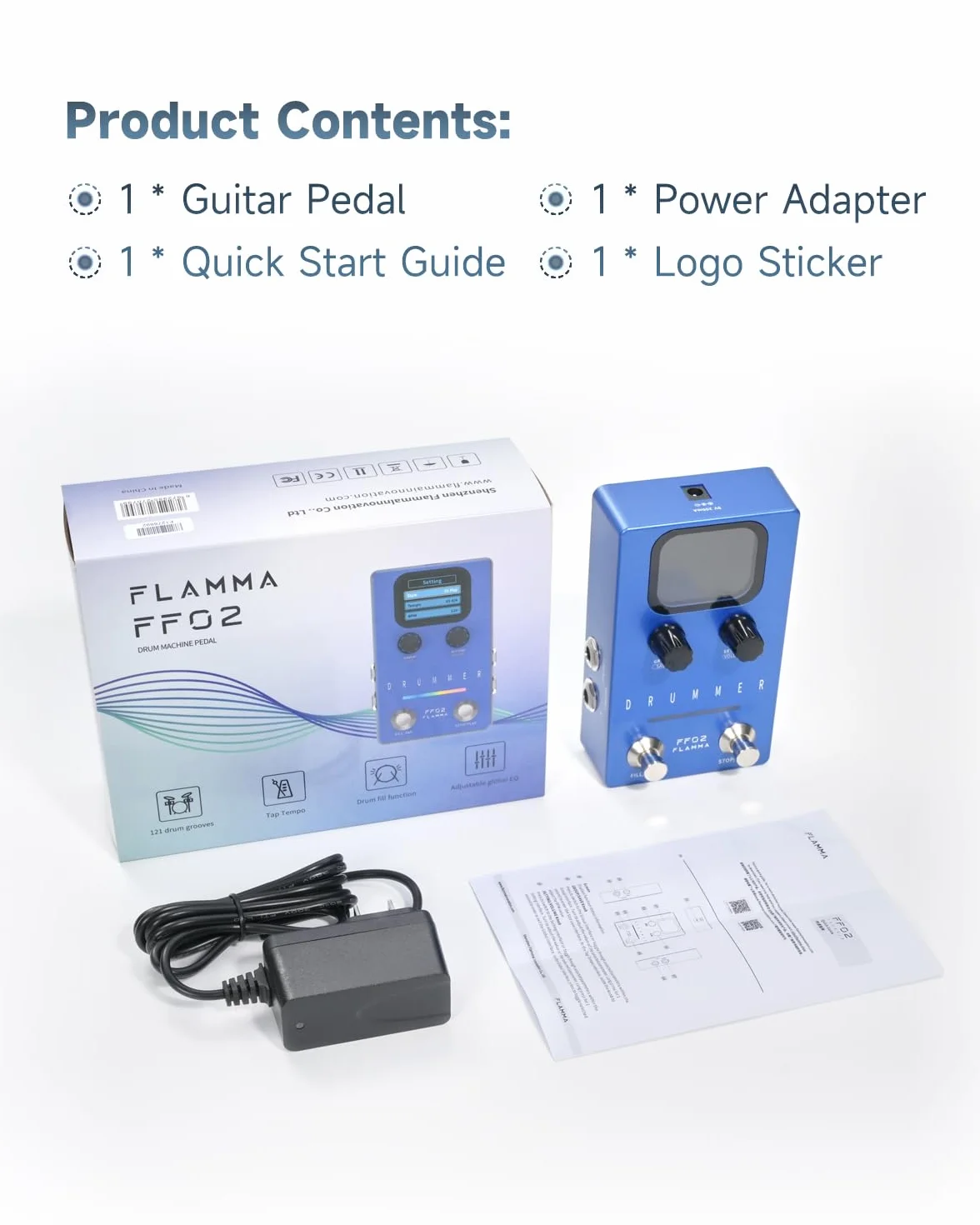FLAMMA FF02 - Pedal de guitarra para máquina de tambor, 121 ranuras de tambor, 11 géneros musicales, ritmo personalizable, E/S estéreo para uso en vivo y estudio