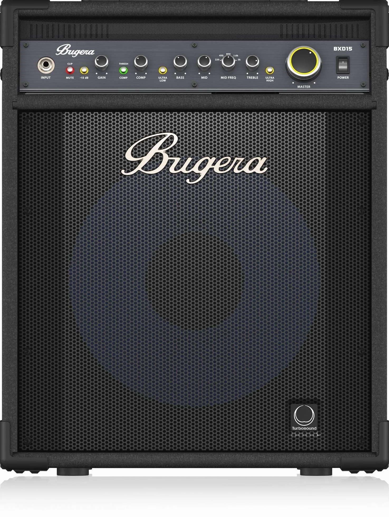 Bugera ULTRABASS BXD15A Amplificador de graves de 1000 W con altavoz de cono de aluminio Turbosound original de 15", preamplificador MOSFET, compresor y tecnología DYNAMIZER