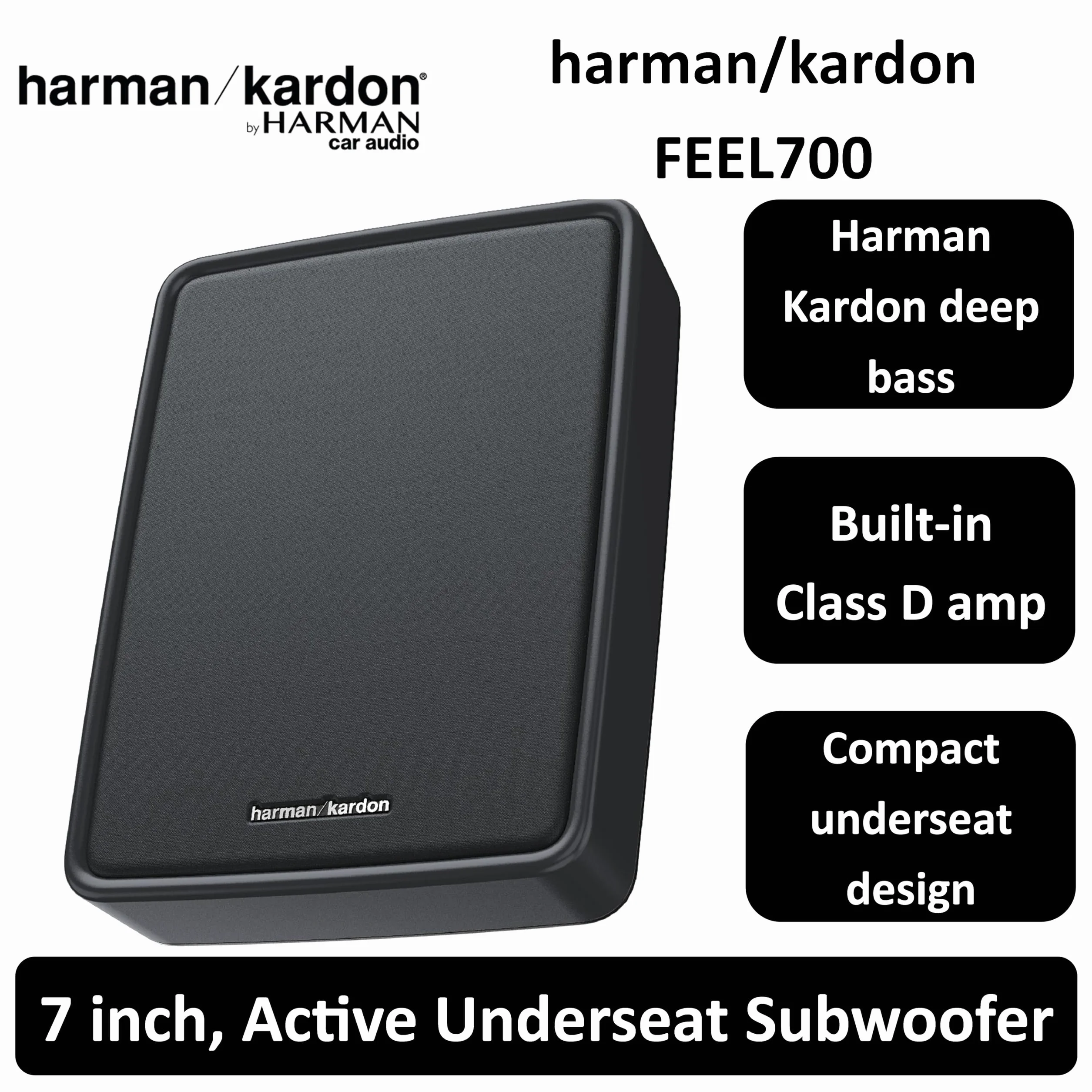 Harman Kardon Feel 700 Subwoofer Activo Coche 165mm (6.5") 250W - Bajo Asiento Ultraplano Aluminio - Amplificador Clase D Graves Profundos - Conexión en Serie - Negro