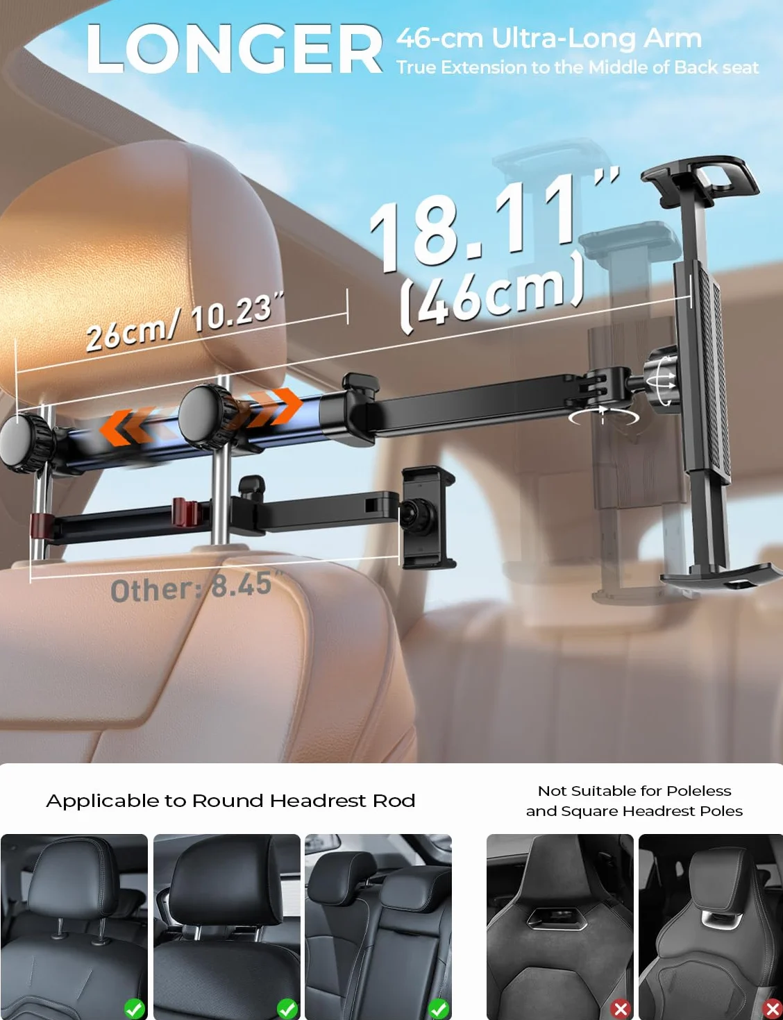 TRYONE Soporte Tablet Coche Reposacabezas 46CM Brazo Largo 3 en 1 Porta Accesorios para iPad Pro Sumsung Tab eReader Switch Móviles 4,7-13 Pulgadas