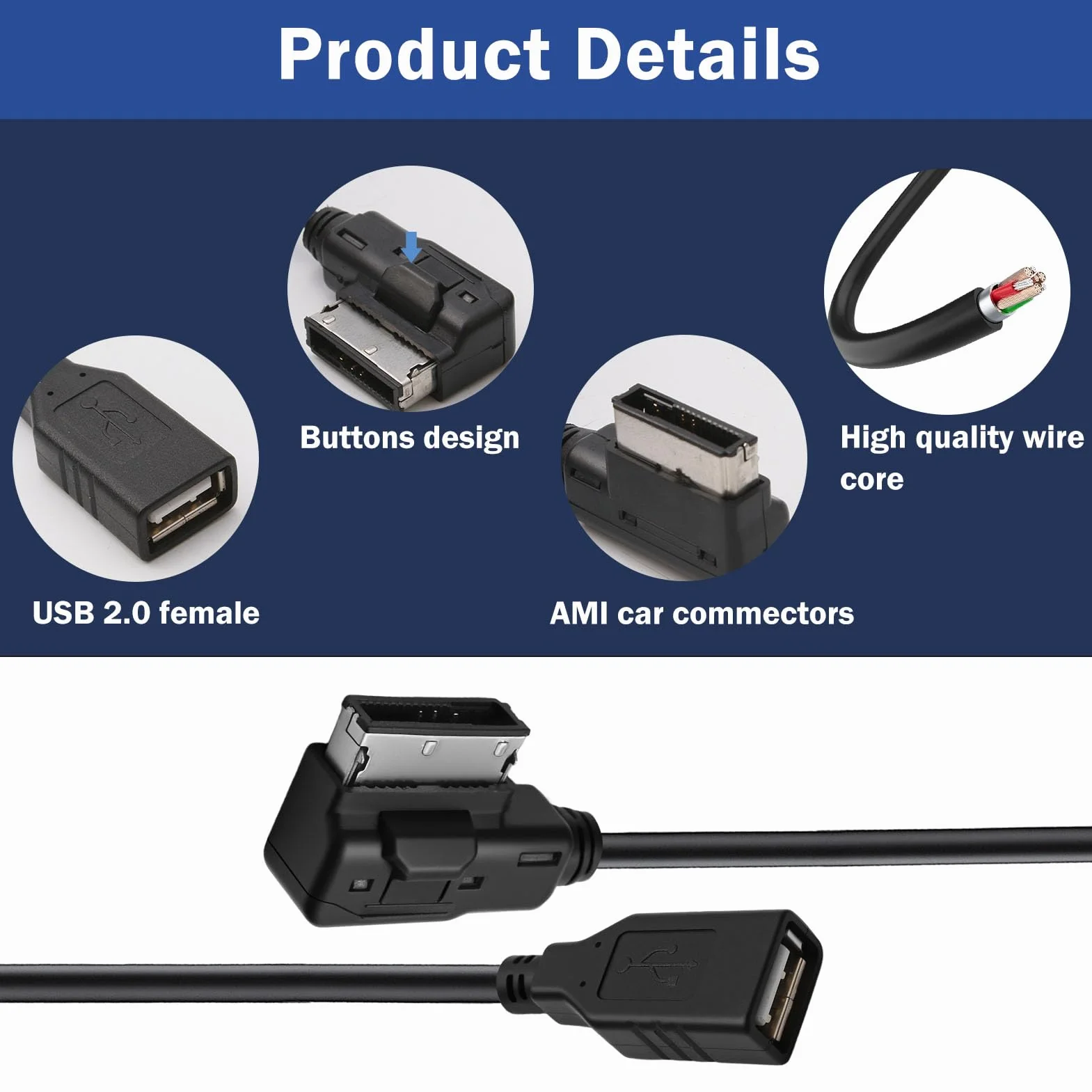 AMI Adaptador de Cable MDI para Audi A1 A2 A3 A4 A5 A6 S6 A8 S8 R8 Q3 Q5 Q7, 30 CM/11,81 Pulgadas Cable AUX para Audio USB MMI Adaptador MP3 Multimedia Music Interfaz para VW TT VW Golf Passat