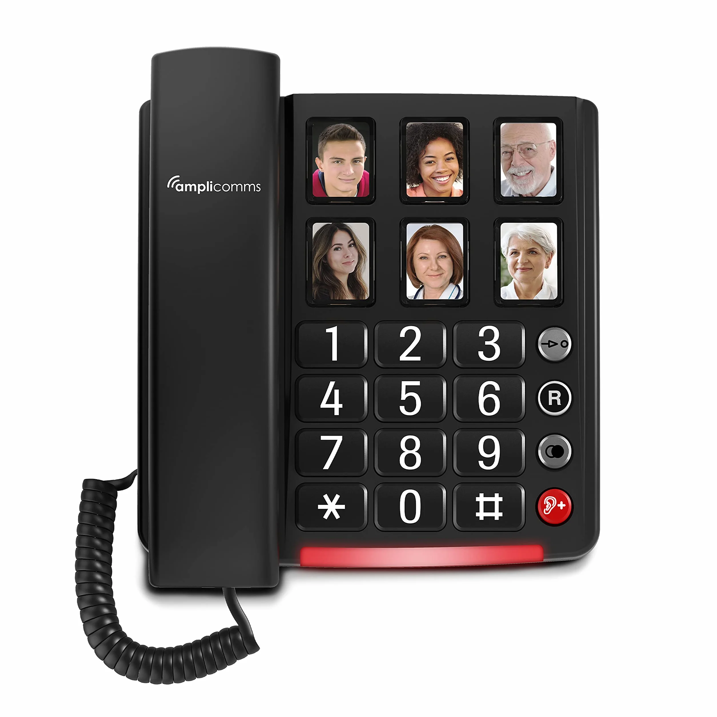 Amplicomms BigTel 40 Plus, Teléfono con Botón Grande con Cable, Seis Botones de Marcación Directa con Foto, Audio Boost 40dB, Tonos de Llamada Extra Fuertes, Compatible con Audífonos