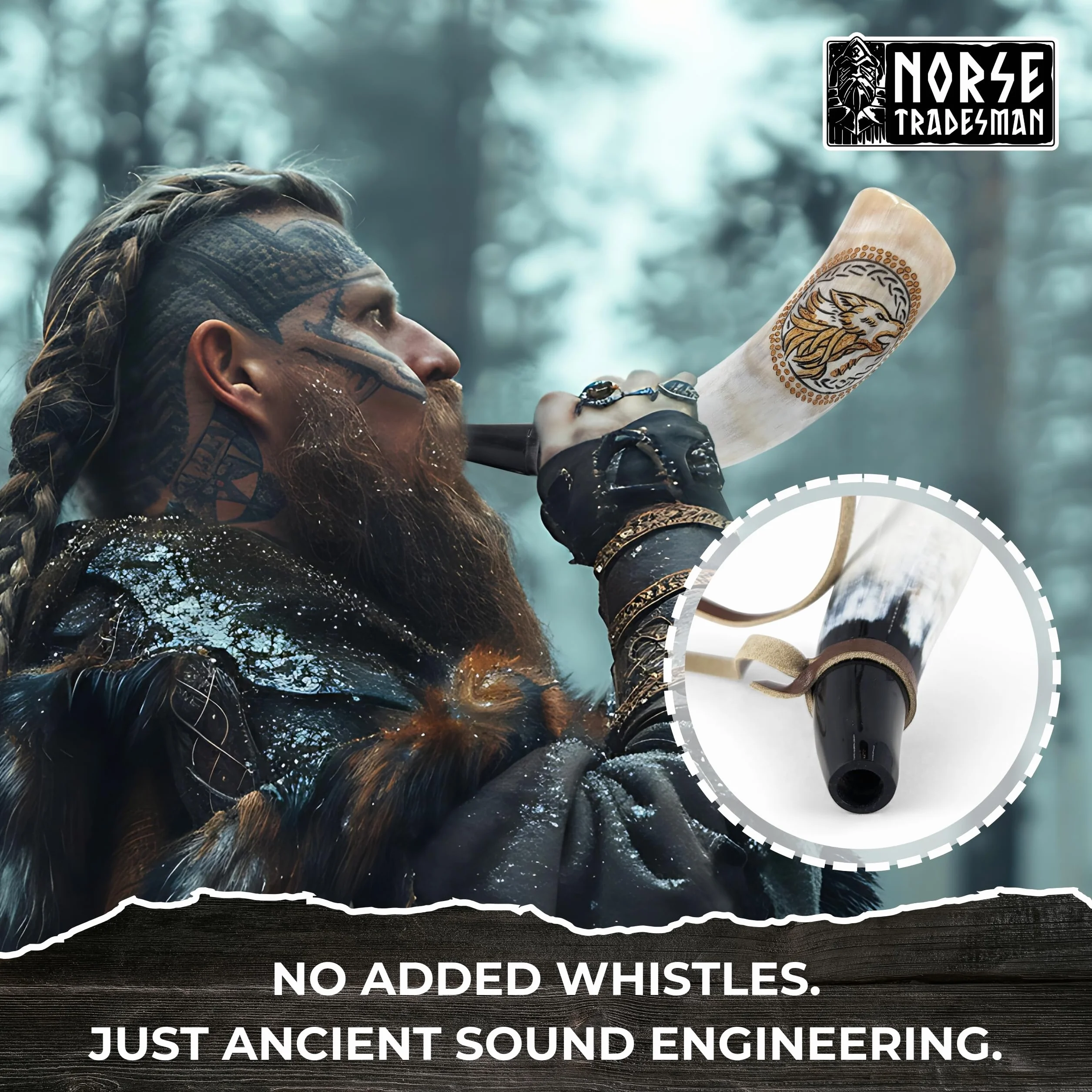 Norse Tradesman Cuerno de guerra vikingo – Trompeta de batalla de cuerno de soplado de 12 pulgadas hecha de auténtico cuerno de buey premium – Grabado a mano con lobos nórdicos – Una pieza de historia