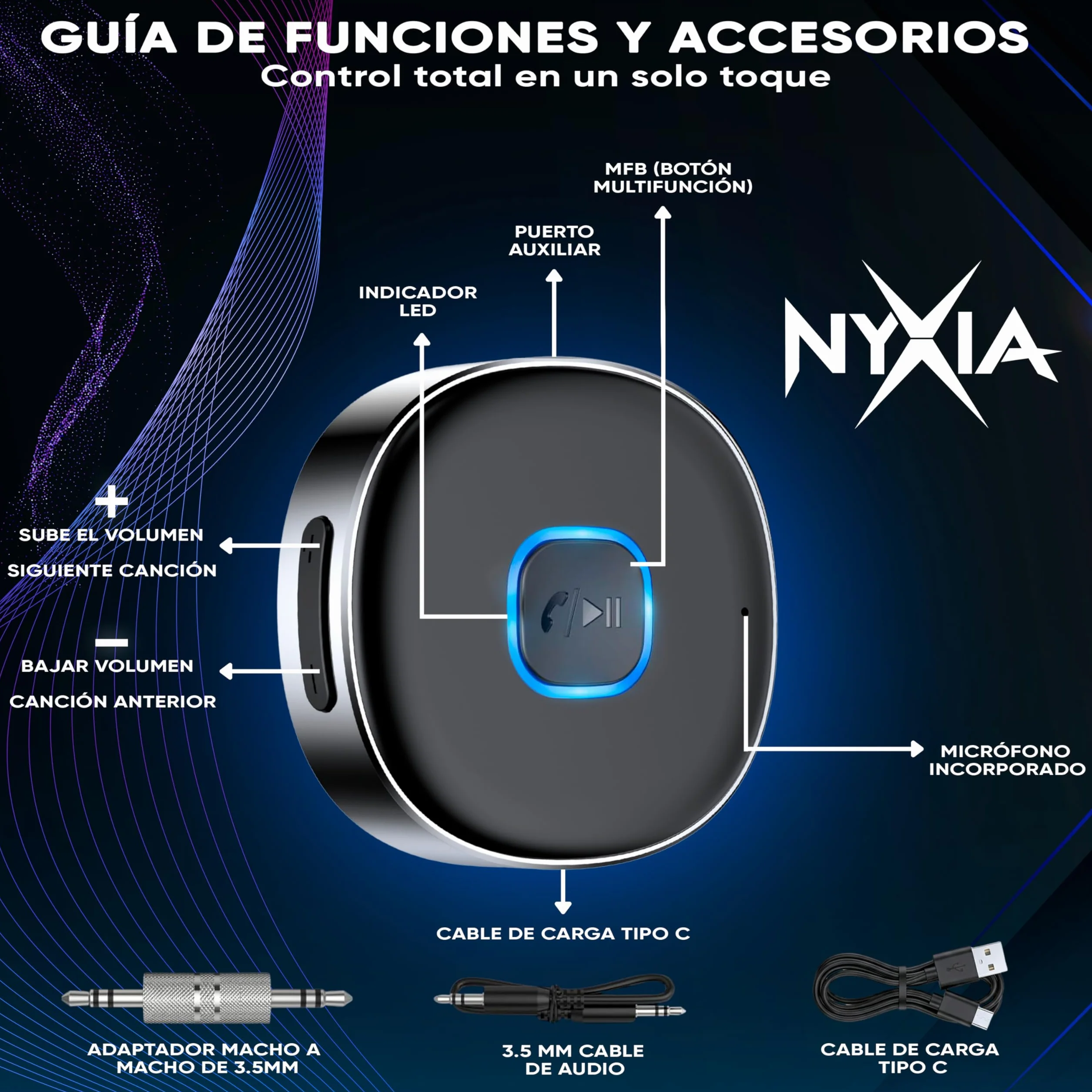 Nyxia® Receptor Bluetooth 5.4 Adaptador para Coche y AUX | Conexión Dual | Audio Jack 3.5 mm | Tiempo Reproducción 16H | para Altavoz | Estéreo Doméstico | Llamadas Manos Libres | Auriculares Cable.