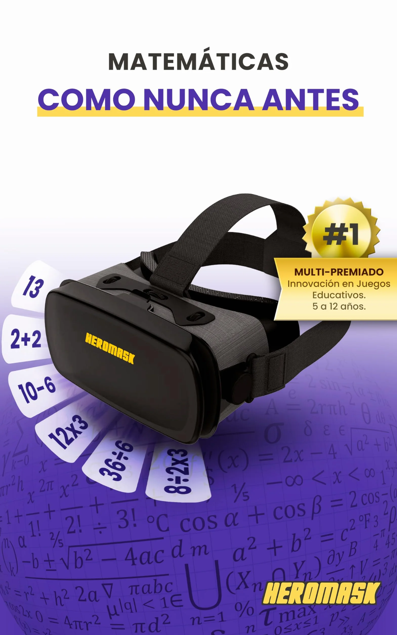 Gafas VR HeroMask + Juegos Matemáticas 5-12 años — El Regalo Educativo Que Hace Que los niños pidan: ¿5 Minutos más? | Tablas de Multiplicar, Sumas, Cálculo Mental y Mucho más | 3D, Realidad Virtual