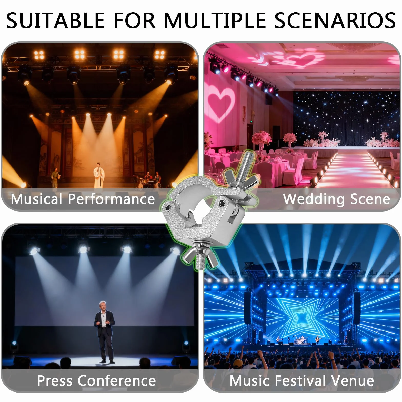 WECAN Iluminación de escenario y accesorios, abrazadera de aluminio en C, abrazaderas resistentes para andamios, ajustables de 30-35 mm (1,18 a 1,38 pulgadas) (4 unidades, color plateado)