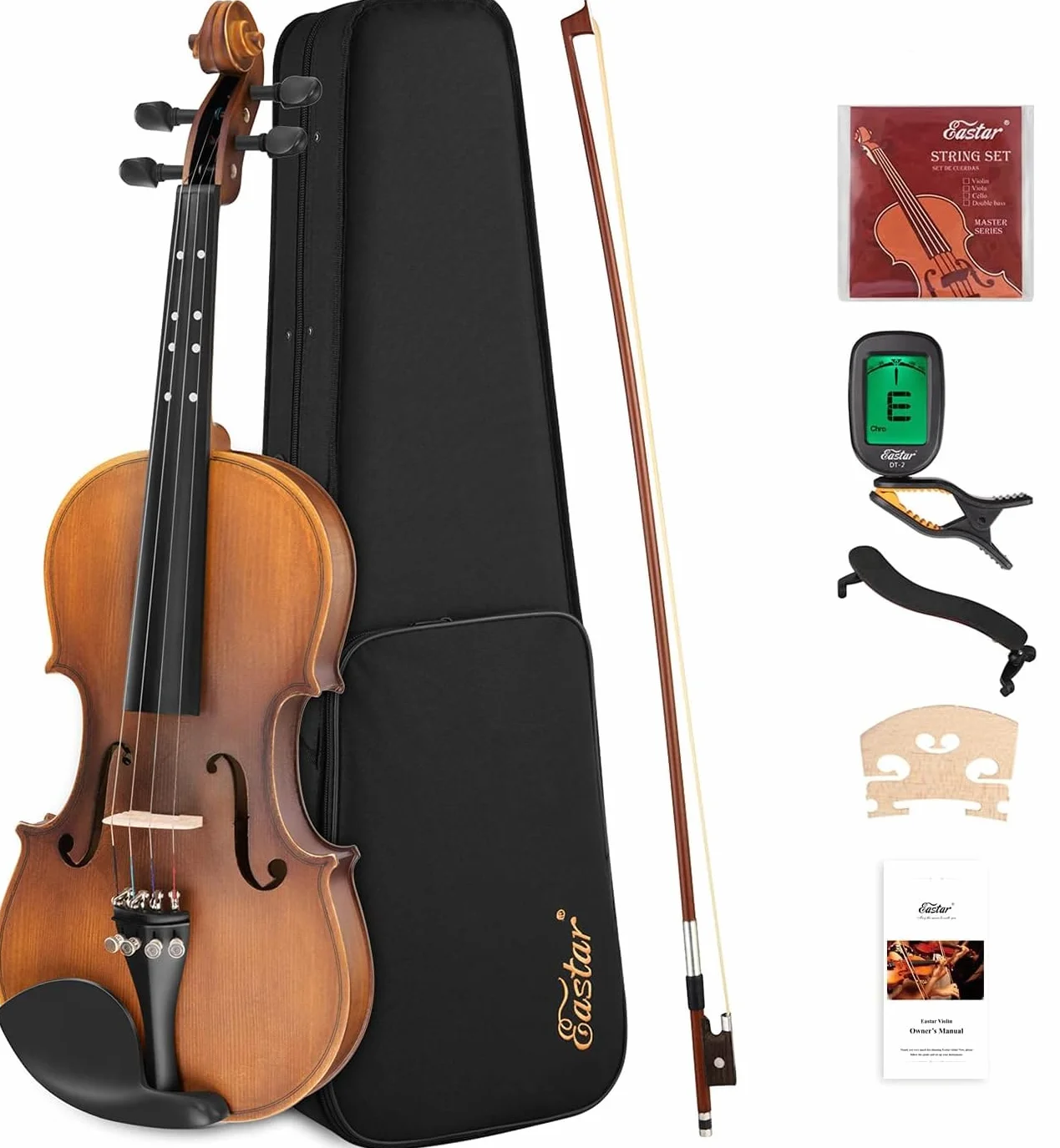 El violín Eastar EVA-3 4/4 de tamaño completo presenta un acabado mate y es adecuado para principiantes adultos. Incluye estuche rígido, hombrera, arco, afinadores y cuerdas de repuesto.