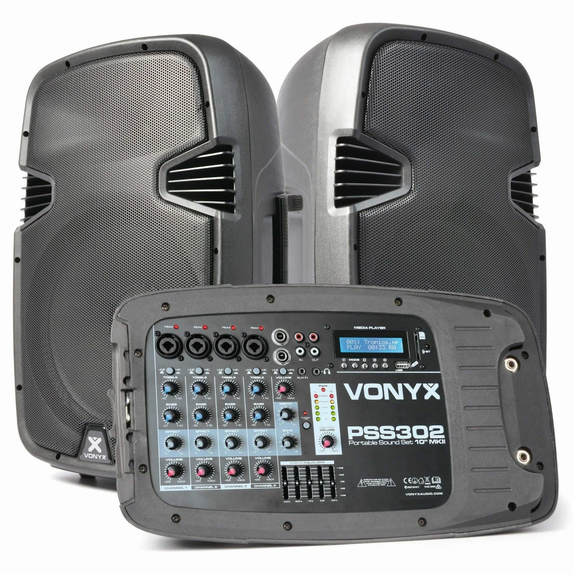 Vonyx PSS302 – Sistema de Sonido Activo 300W con 2 Altavoces 10”, Bluetooth, USB, SD, Mezclador Integrado, Soportes y micrófono, Altavoz portátil Potente para Eventos, Fiestas y DJ, Color Negro