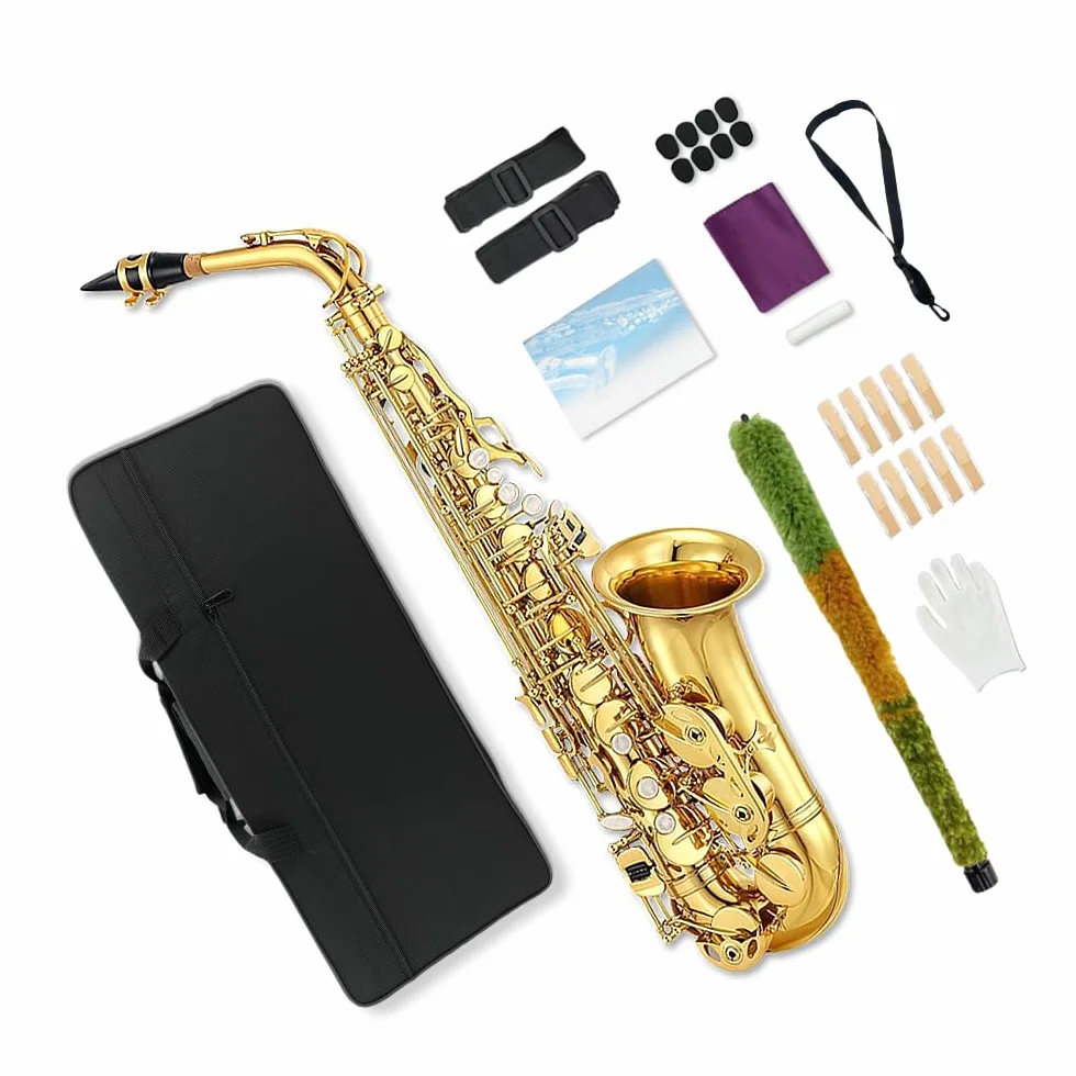 Saxofón alto en mi bemol para adultos y estudiantes - Kit de iniciación con boquilla, estuche de transporte y 10 cañas (dorado)