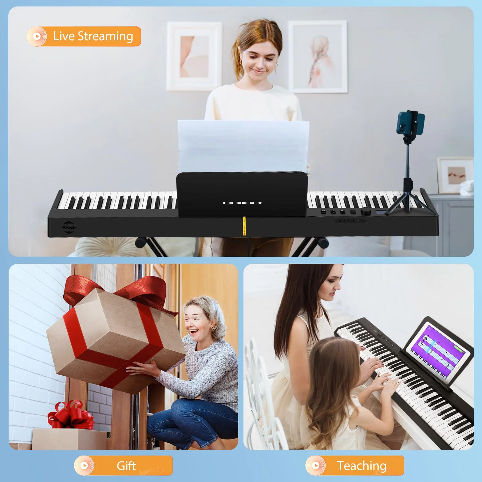 Teclado de Piano de 88 Teclas, Plegable Pianos digitales portátil, Digital Piano con teclas semi-ponderadas de tamaño completo para Principiantes, Teclado de Piano Digital Bluetooth