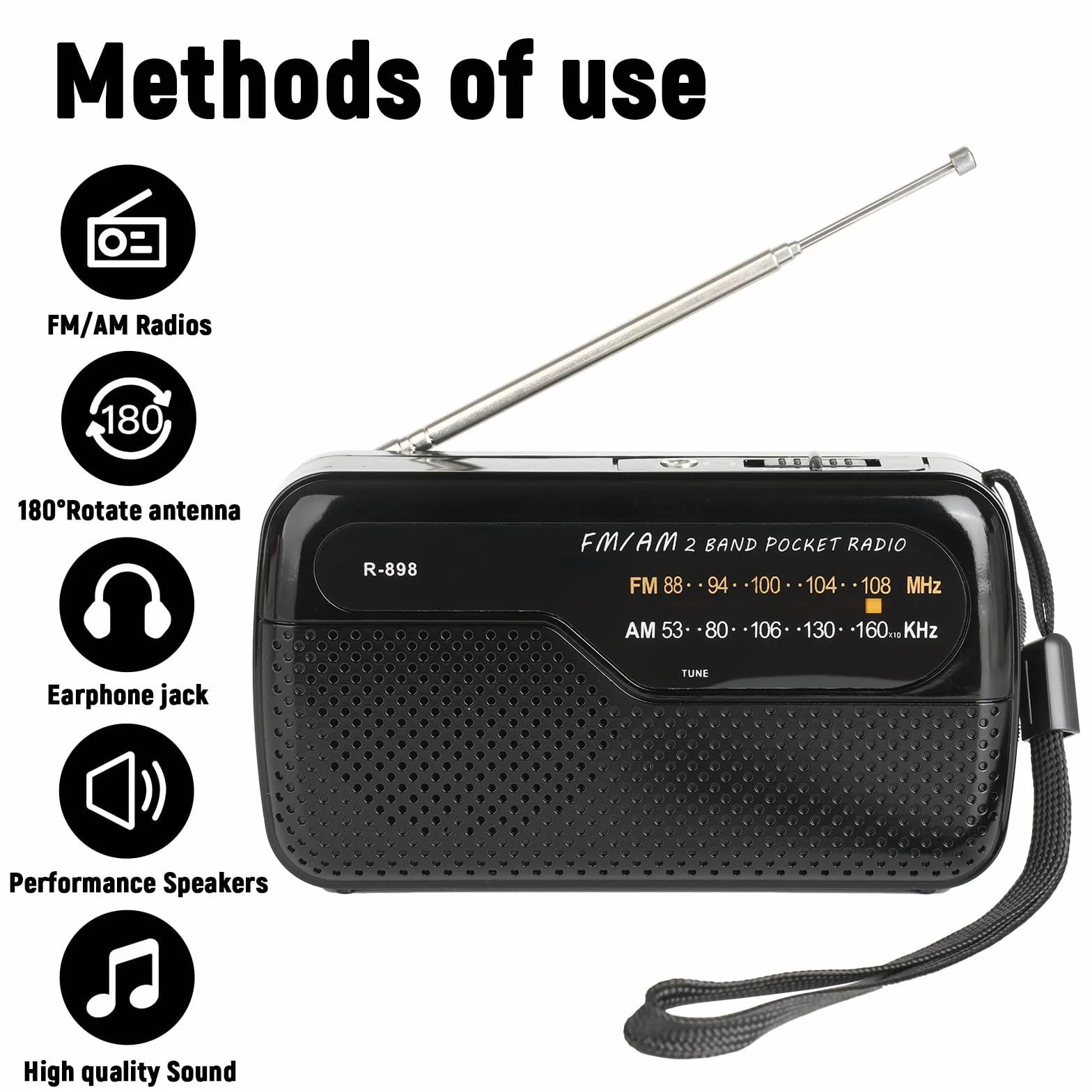 Radio de Portátil, Radios de Transistor Am FM Bolsillo Portátil Funciona con 2 Pilas AA, Radio de Pequeña de Bolsillo Viaje FM,Altavoz Fuerte,Uso en Interiores, Exteriores. (Negro)