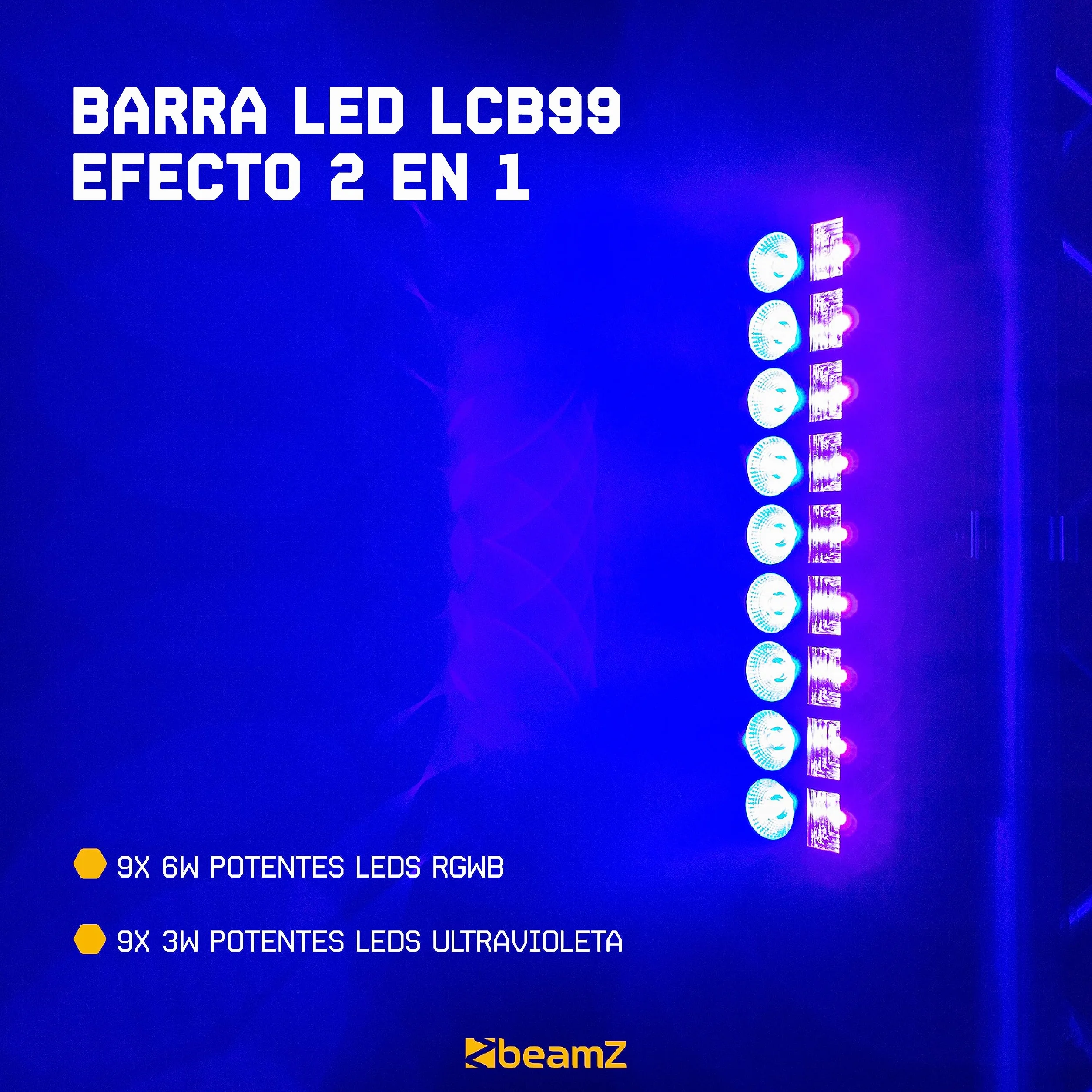 Beamz LCB99 Barra de Luces LED RGBW & UV 18 Leds - Modos DMX 8 Canales, autónomo y Maestro/Esclavo, Efecto estroboscópico, Pantalla LED, Kit de Montaje, Ideal para espectáculo de Luces Nocturno