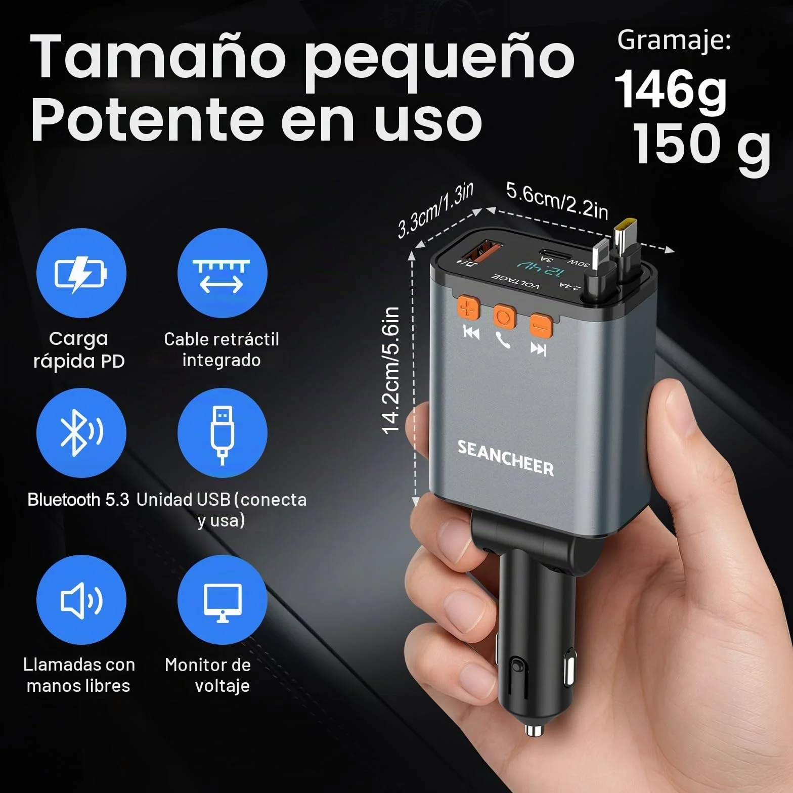 SEANCHEER Cargador Coche USB C Transmisor FM Bluetooth, Cargador Mechero 69W 2 Cables Retráctiles, Bluetooth 5.3, USB Mechero 24V/12V (Gris [C+Lightning])