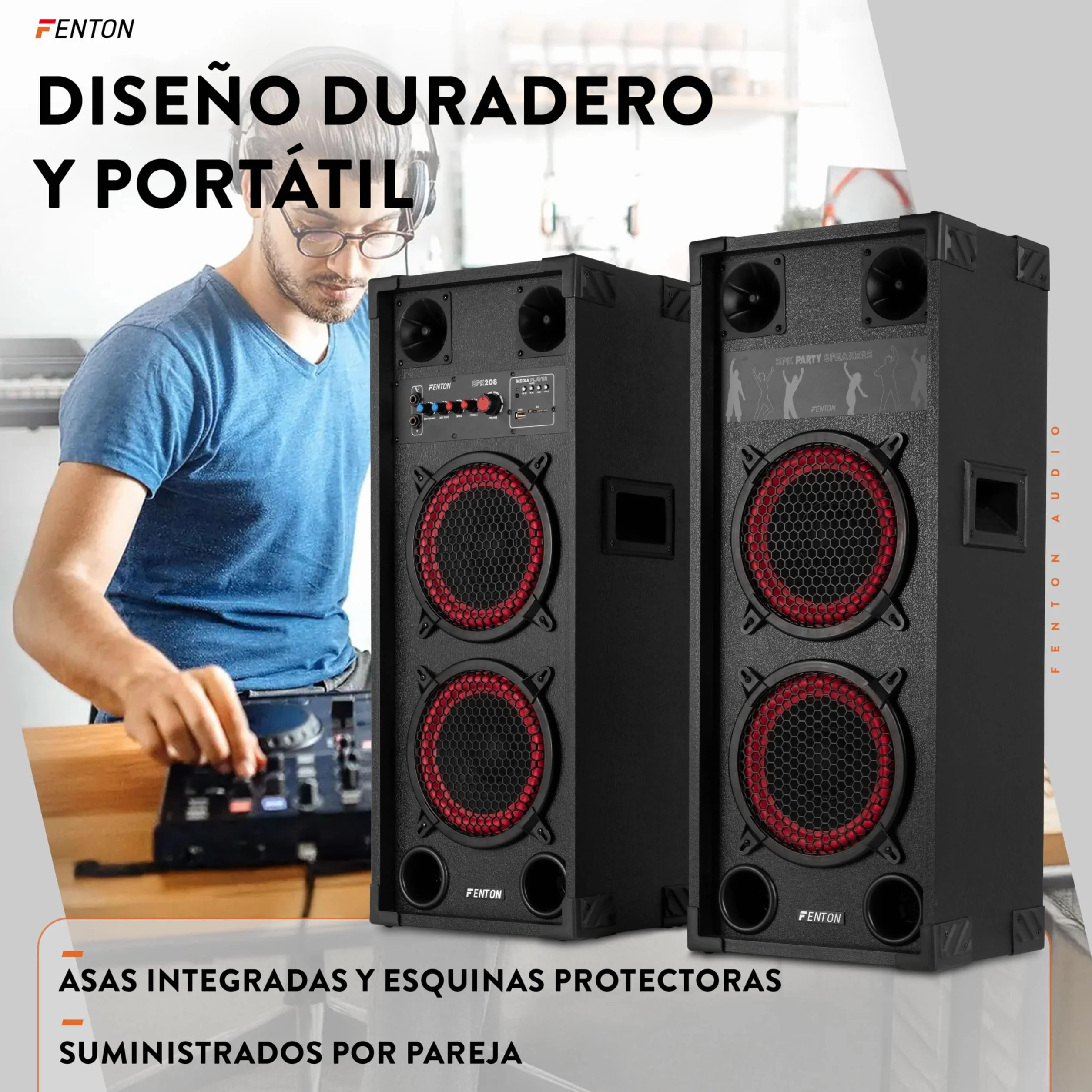 Fenton SPK208 – Altavoces Activos PA Doble woofer 8 Pulgadas con Amplificador Integrado, Bluetooth, MP3, USB, SD, Dos entradas de Micro Eco Ajustable, Ideal para Fiestas, Karaoke y Eventos.