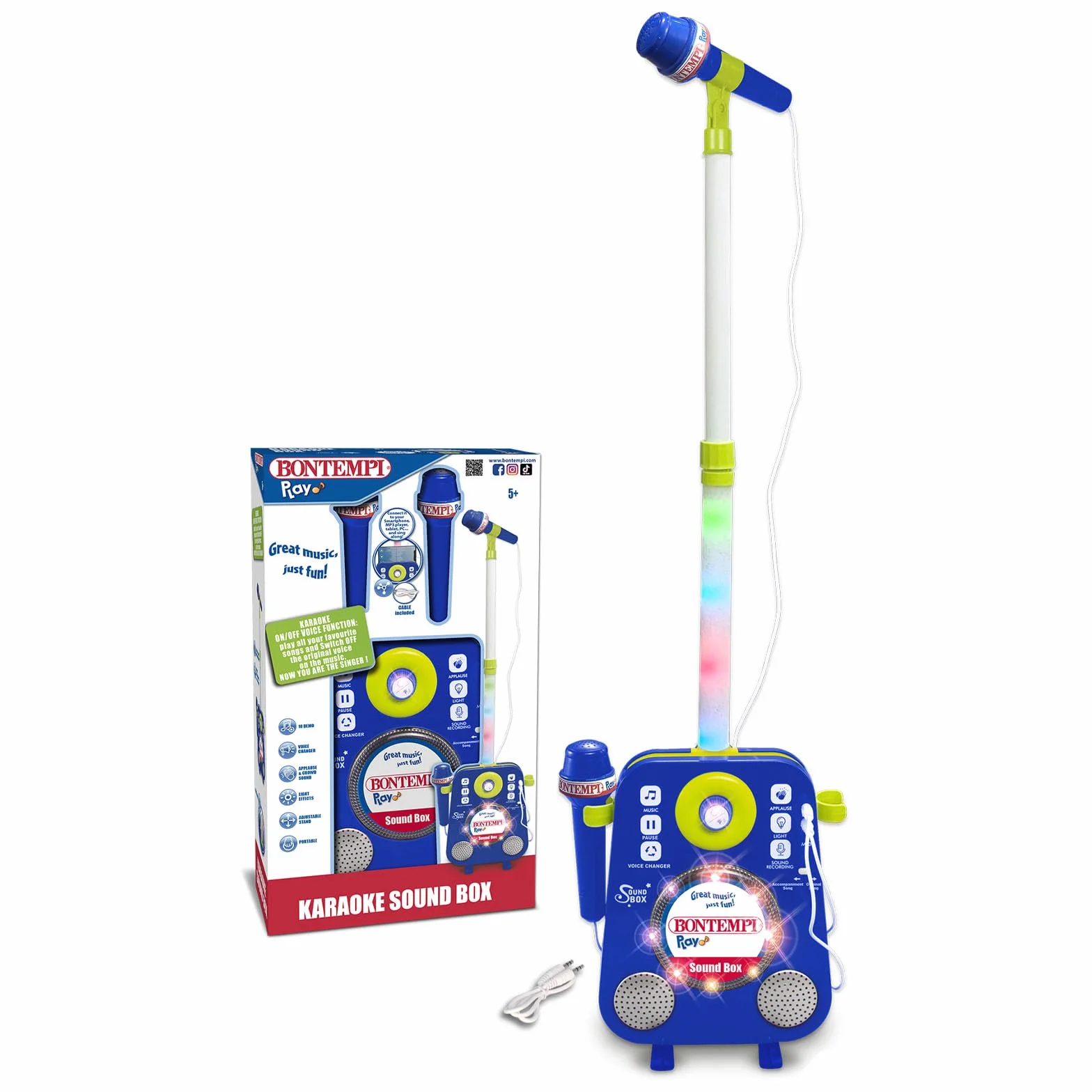 BONTEMPI - SoundHub Sound Box con 2 Micrófonos Ajustables, Soporte con Efectos Luminosos, 10 Canciones Pregrabadas, Función Karaoke, Grabación y Cambio de Voz 220x900x90 mm