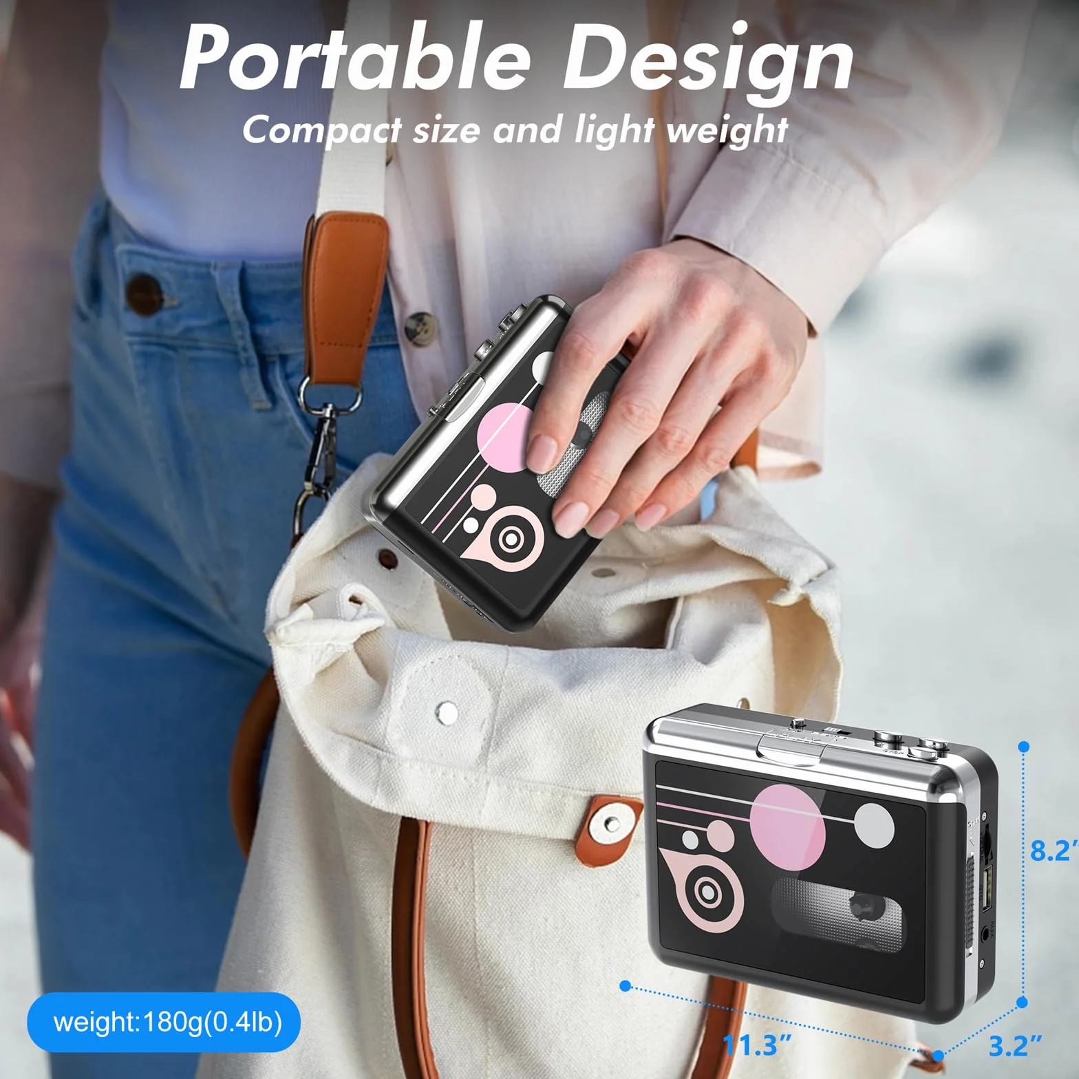 Reproductor de Casetes Portátil, Convertidor USB a MP3, Audio de Cinta a Digital con Auriculares