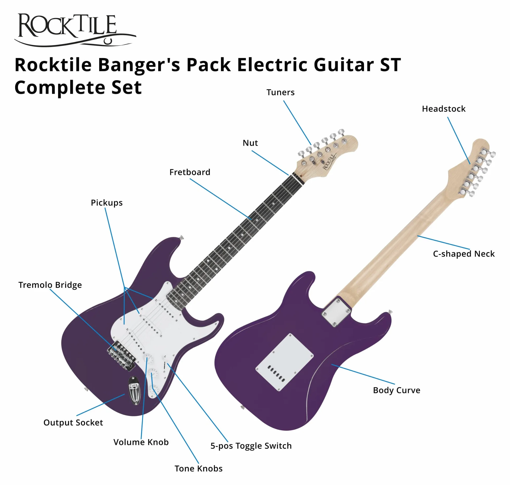 Rocktile ST-Pack Set Completo Guitarra Eléctrica Purple (Amplificador, Afinador, Tremolo, Funda, Cable, Correa, Púas, Cuerdas de Repuesto y Escuela con CD/DVD)