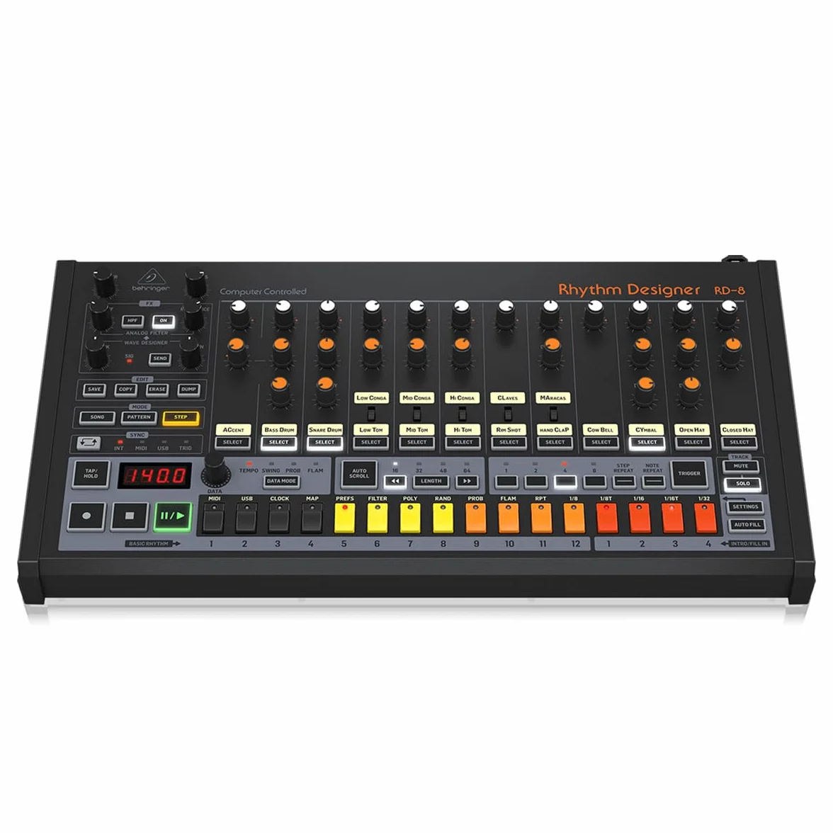Behringer RHYTHM DESIGNER RD-8 MKII Caja de ritmos analógica clásica con 16 sonidos de batería, secuenciador de 64 pasos, diseñador de ondas y filtro de modo dual