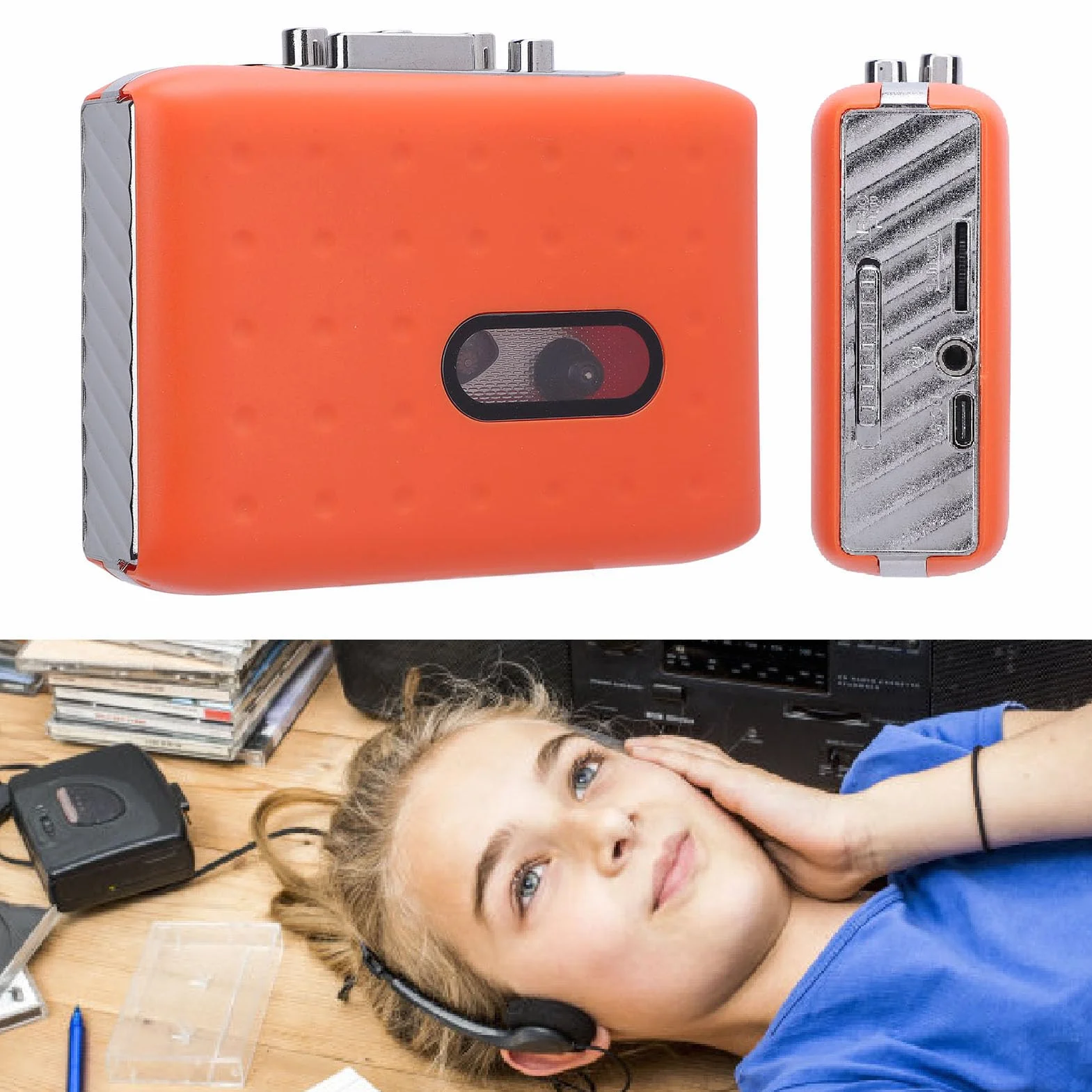Player Portátil Cassette USB Cassette-TO-MP3 Convertidor con Grabadora de Micrófono Integrado y Enchufe de Auriculares Naranja