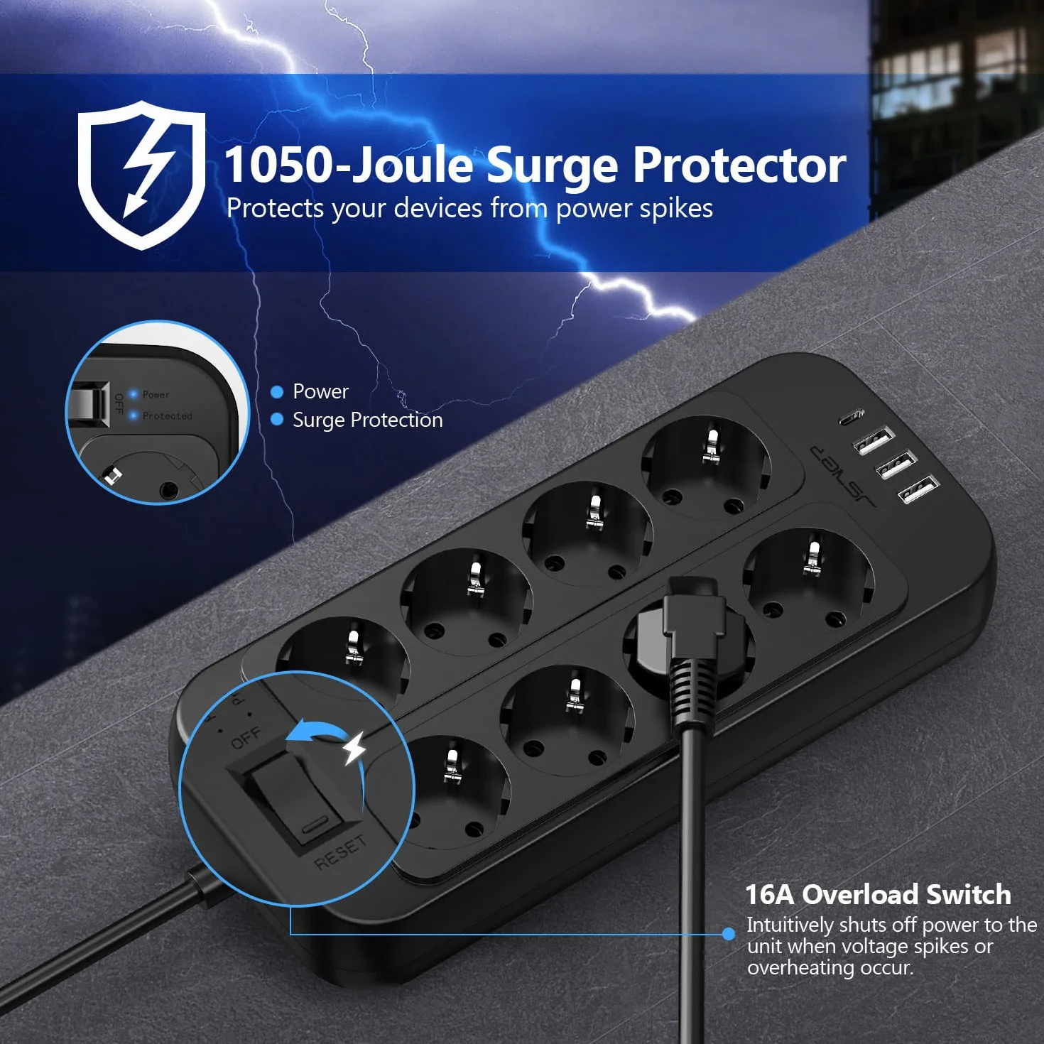 JSVER Regleta Enchufes USB 8 Tomas 4 Puertos 5V3.4A Protección Sobretensión Cable 1.8m Negro
