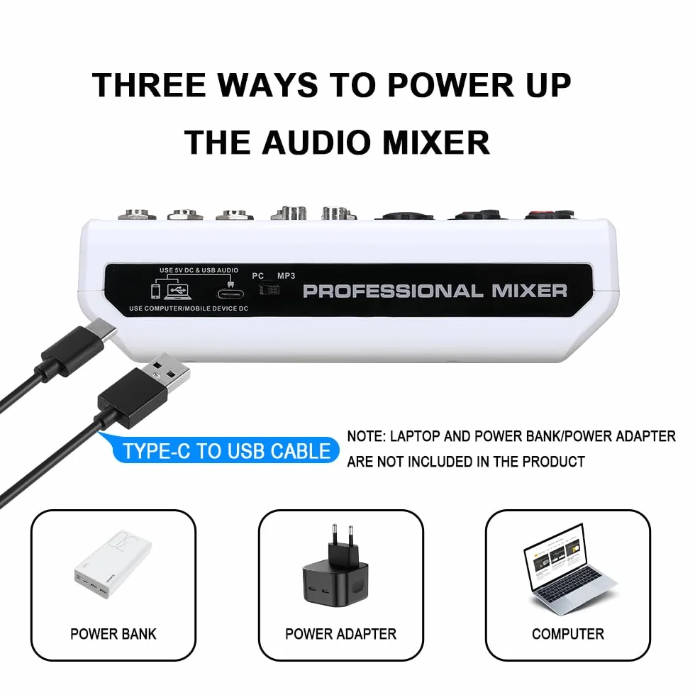 BOMGE Mezclador de audio, consola de mezcla de placa de sonido con 5 canales digitales USB Bluetooth Echo Delay Effect, mezcladores de DJ estéreo con 48V Phantom Power para grabación, transmisión en