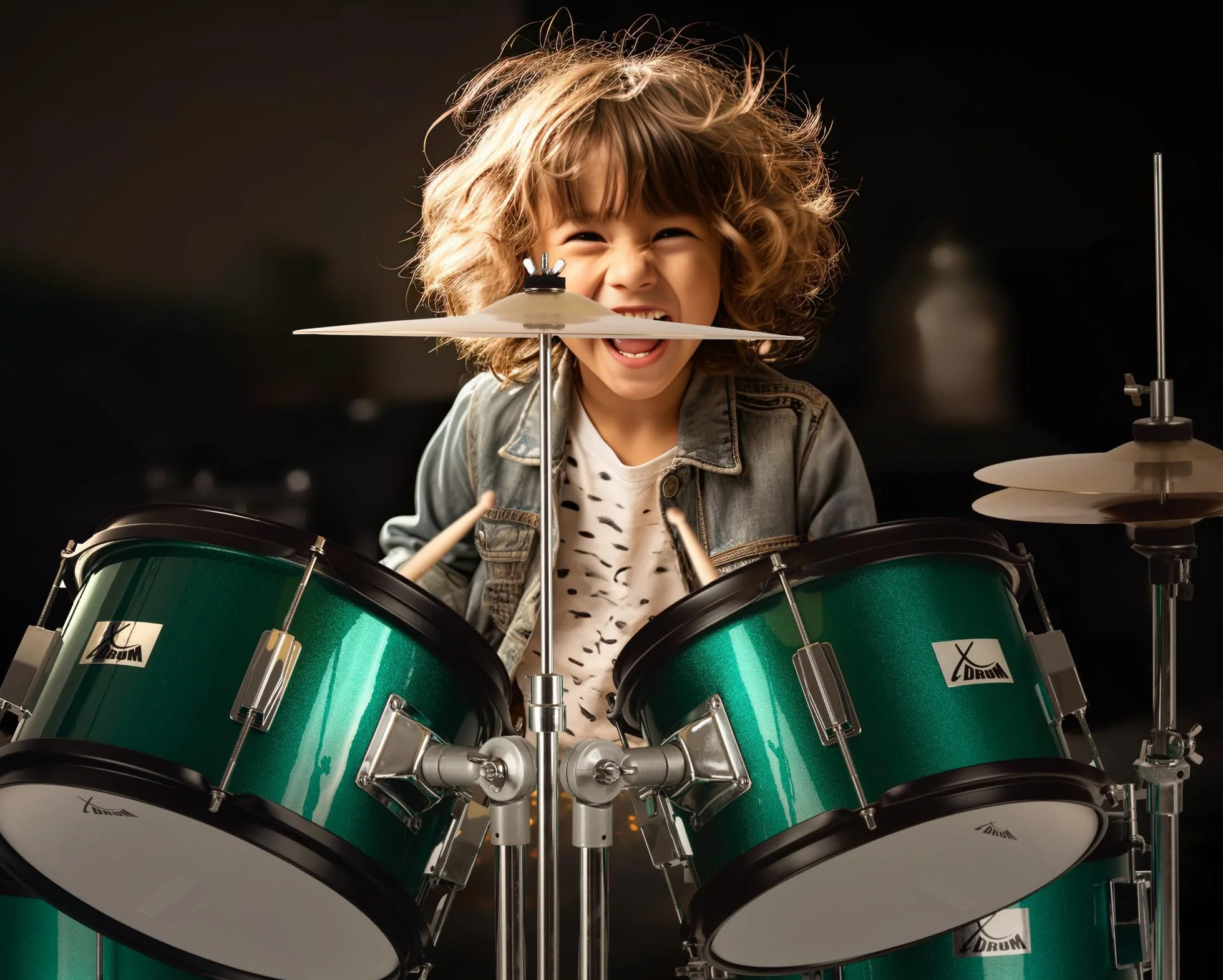 XDrum Junior Pro Batería Infantil Emerald Green Sparkle - adecuada de 5 a 9 años - Set de batería con accesorios completos - incl. escuela - verde