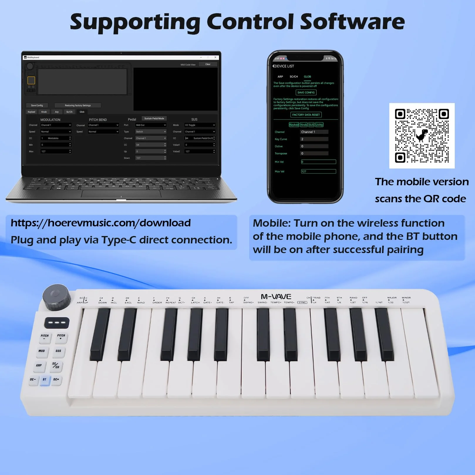 M-VAVE Teclado MIDI de 25 teclas, Mini teclado, creador de ritmos profesional y teclado para producción de música, batería integrada, conexión inalámbrica, color blanco, mini sin