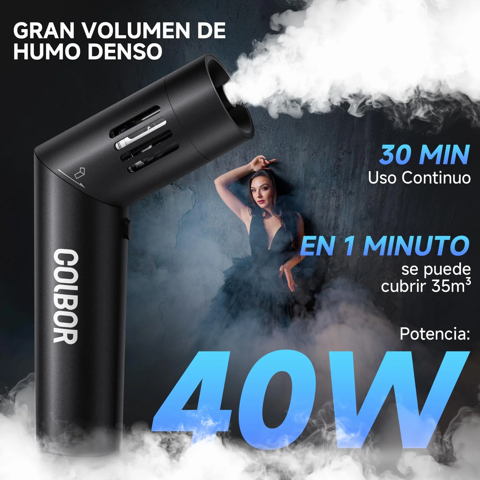 COLBOR Máquina de Humo 40W Recargable con Control Remoto, CF5 Mini máquina de Niebla Portátil con Ventilador RGB para Fotografía, Fiestas Interiores y Exteriores, Halloween, Cosplay