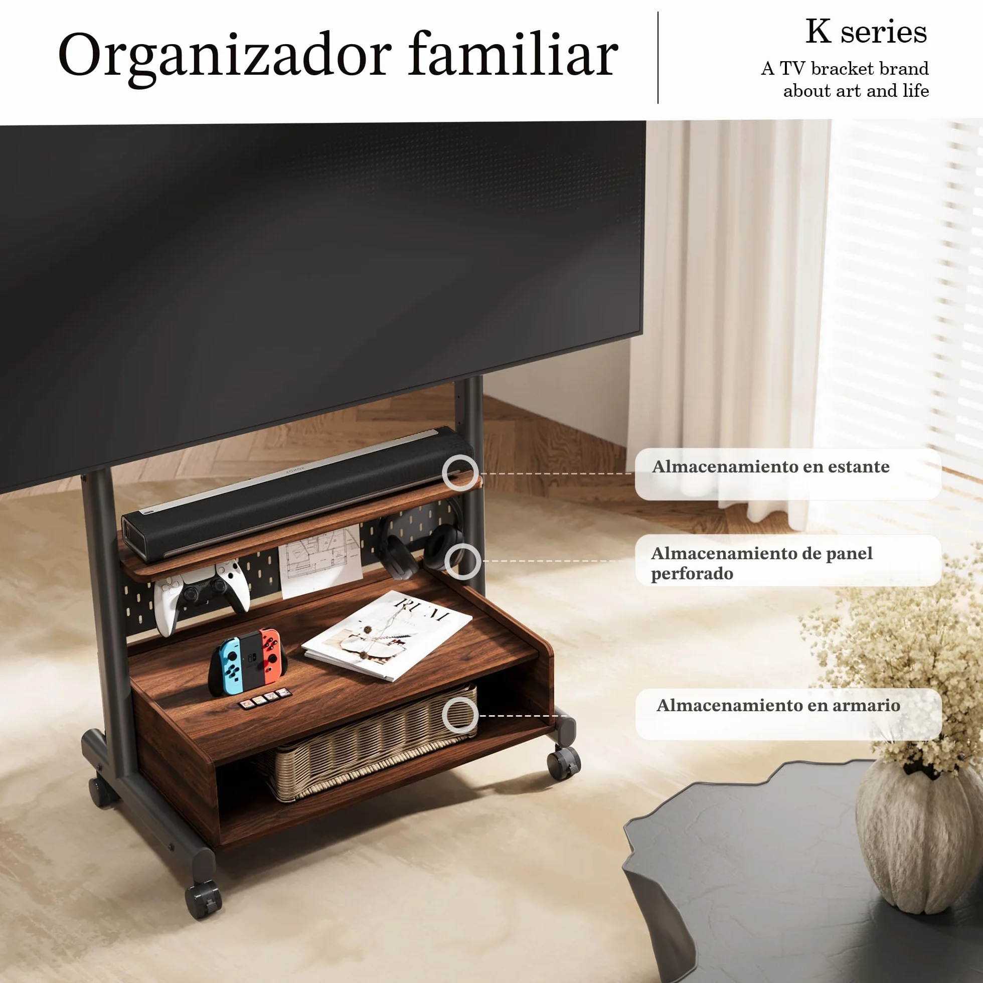 FITUEYES Soporte TV con Ruedas para Pantallas de 40 a 85 Pulgadas,MAX Carga de 60kg,Soporte TV Móvil con Mueble de Madera y Tablero Perforado,Altura Ajustable y Gestión de Cable,Serie K