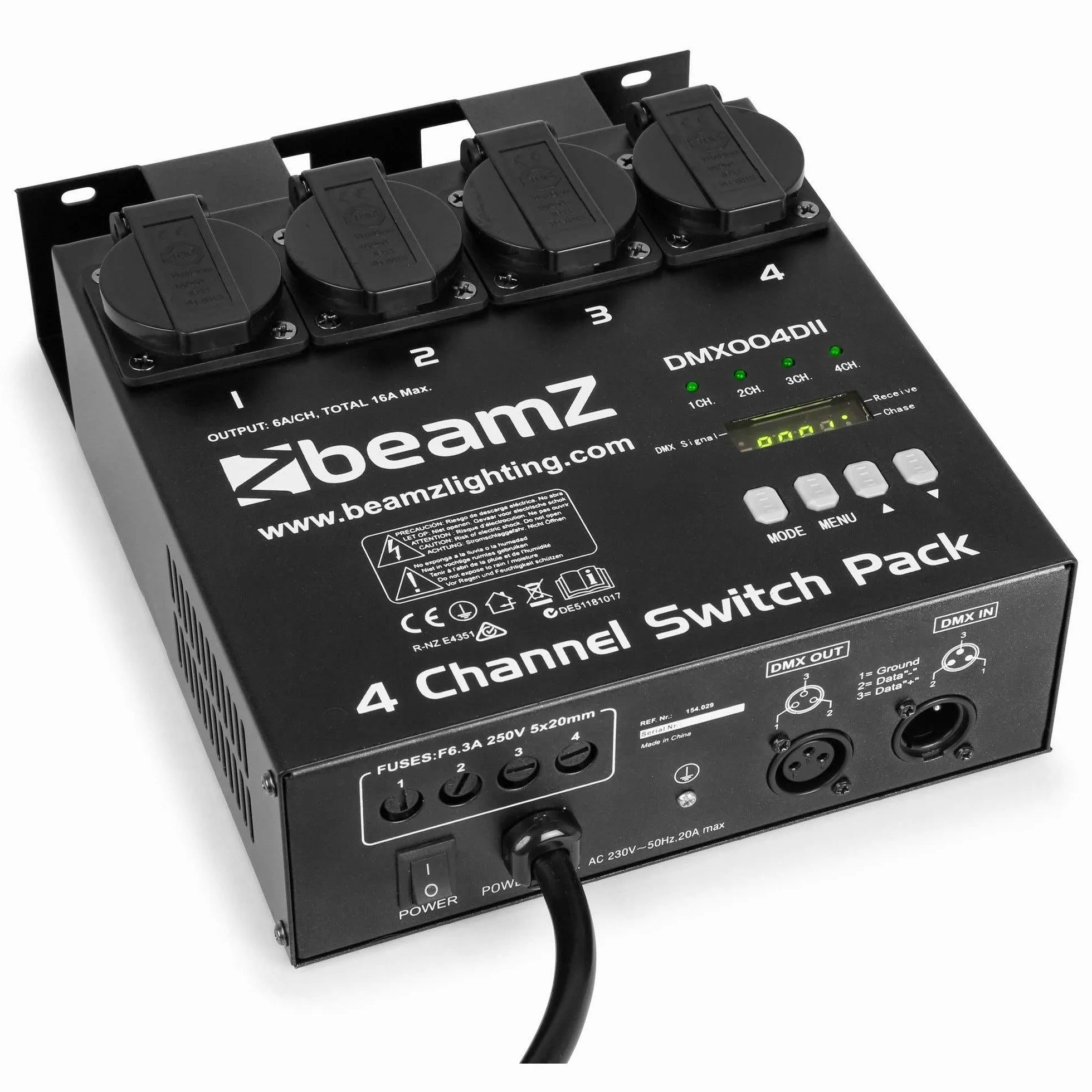 BeamZ DMX004DII - Controlador DMX, Interruptor de Luz, 16 Programas Incorporados, Velocidad de Seguimiento Ajustable, 4 tomas de salida con 5A máximo por canal, Ideal para DJs Profesionales