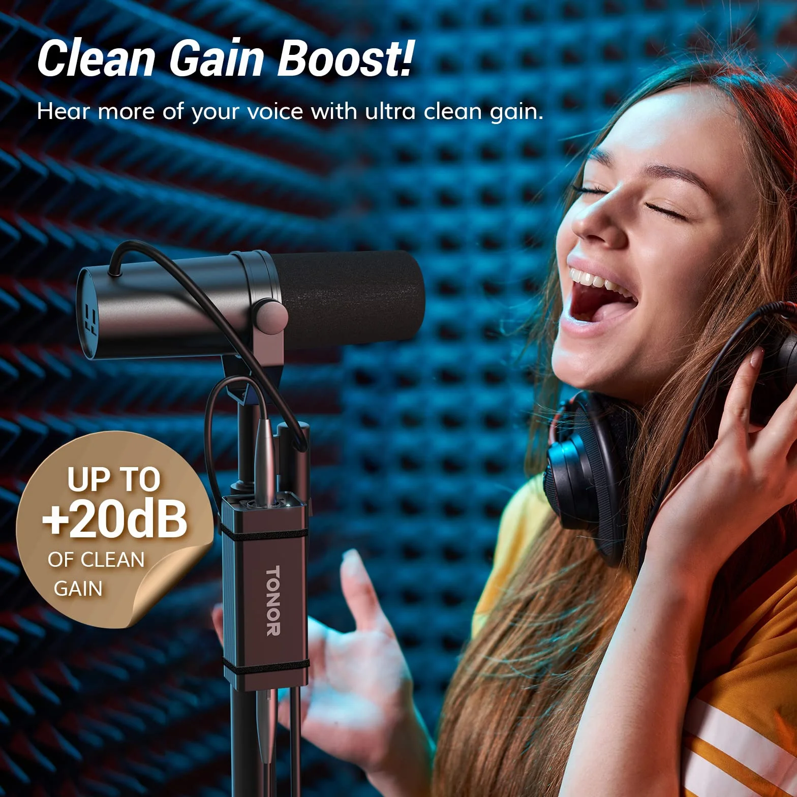 TONOR Preamplificador de Refuerzo de Micrófono XLR, para Microfono Dinamicos Shure SM7B, Booster de Micrófono, Reducción de Ruido para Estudio, Podcast, Streaming, Grabación, TA20